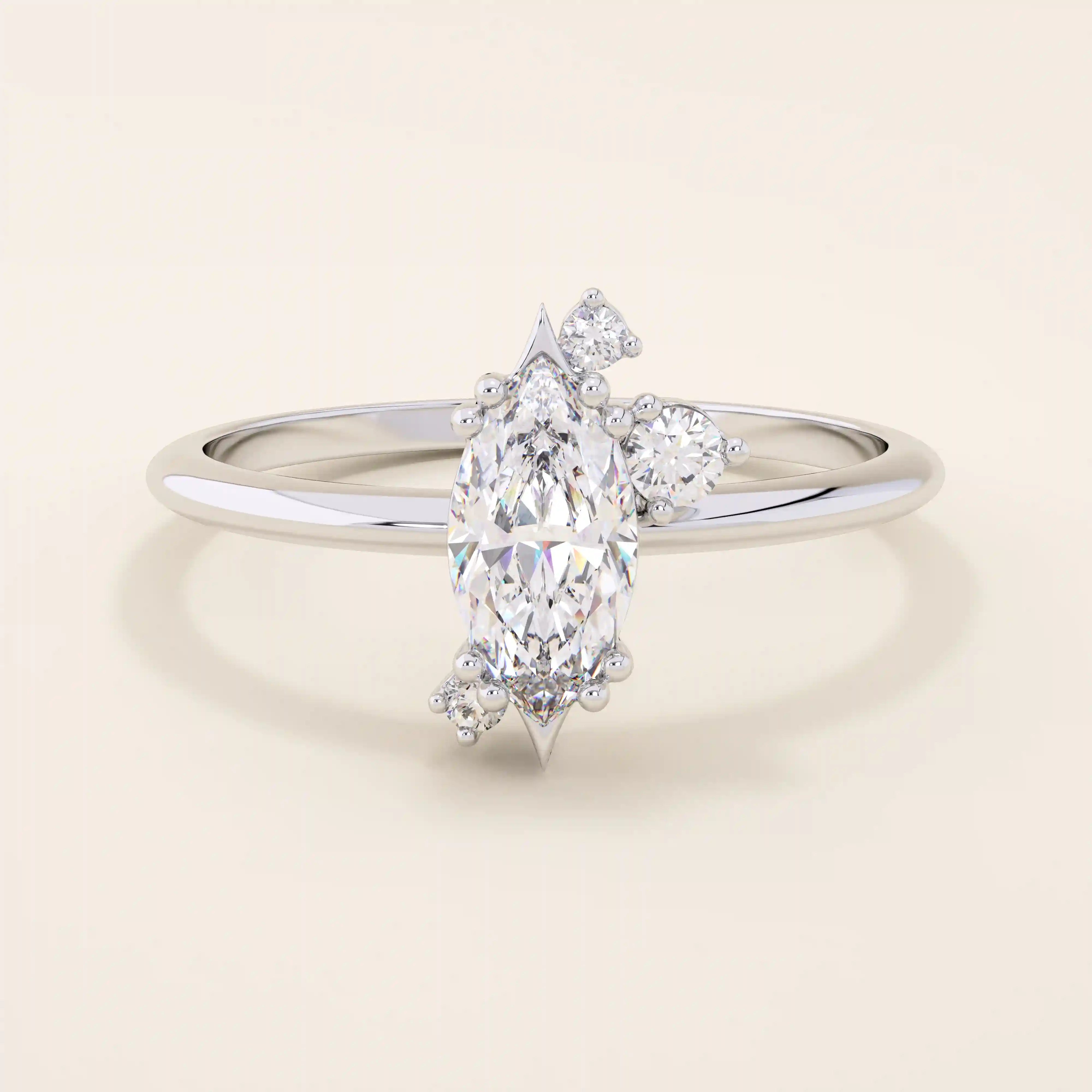 Minimalist solitaire engagement ring in 14k solid gold featuring a marquise-cut moissanite. Sleek and elegant design for modern brides.
