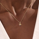 Model wears a 14k gold Aquarius zodiac pendant necklace featuring amethyst. Perfect for Aquarius zodiac birthdays and gifts.