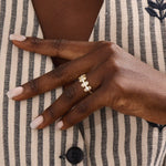 Model wears a 14k gold bold baguette spike statement ring. A distinctive and edgy accessory perfect for modern women.