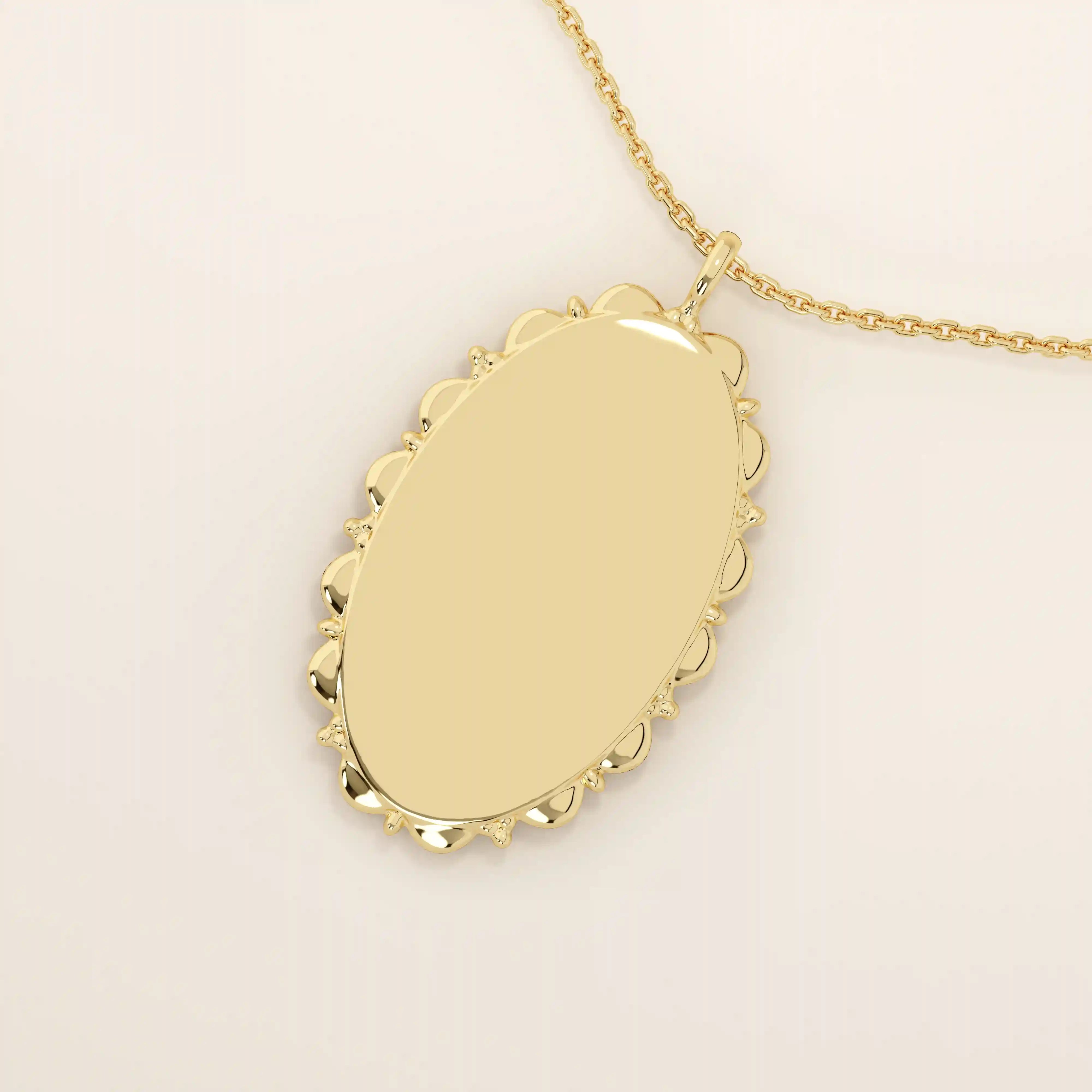 Oval-shaped 14k solid gold necklace with a smooth, plain surface, perfect for engraving. A minimalist and timeless jewelry piece.