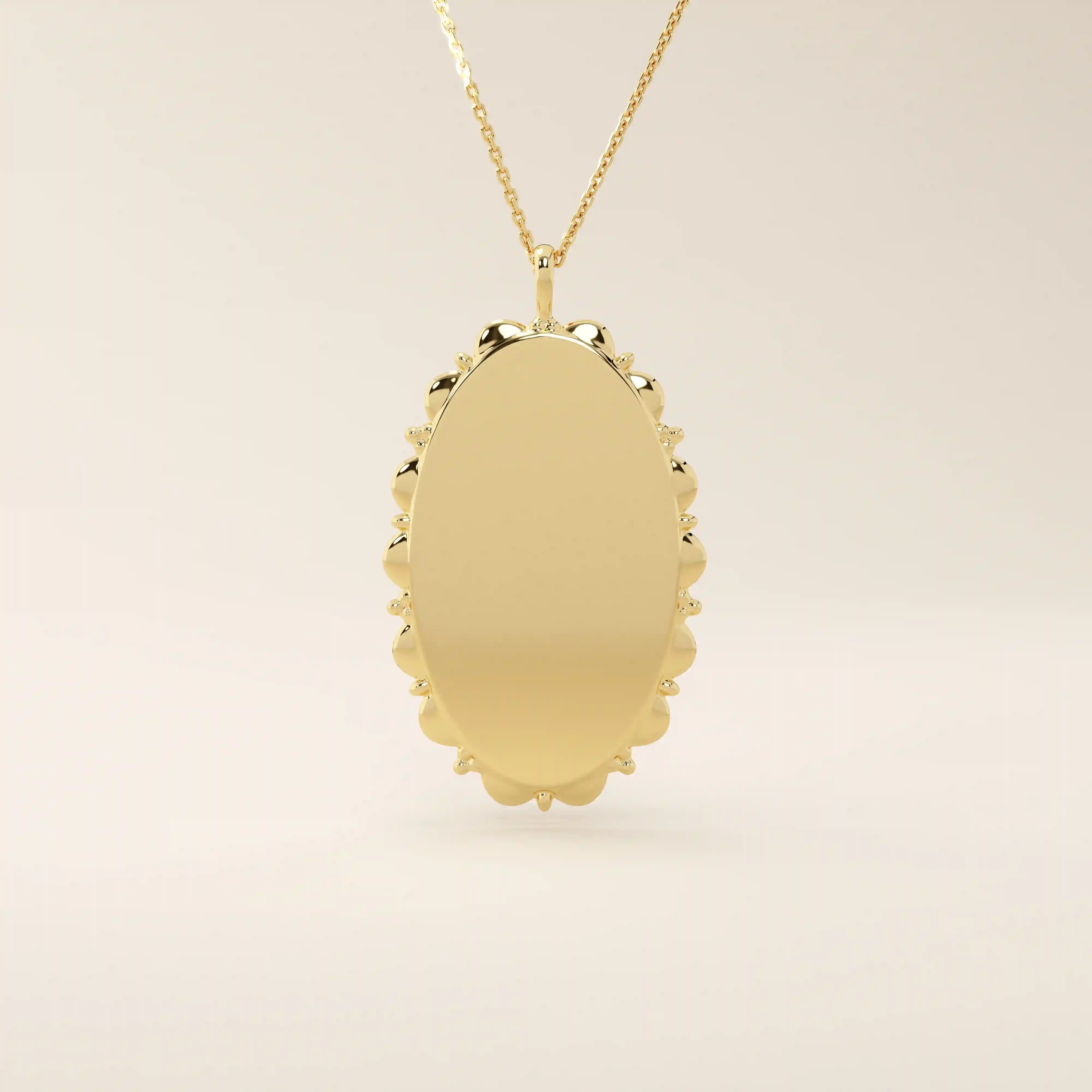 Oval-shaped 14k solid gold necklace with a smooth, plain surface, perfect for engraving. A minimalist and timeless jewelry piece.