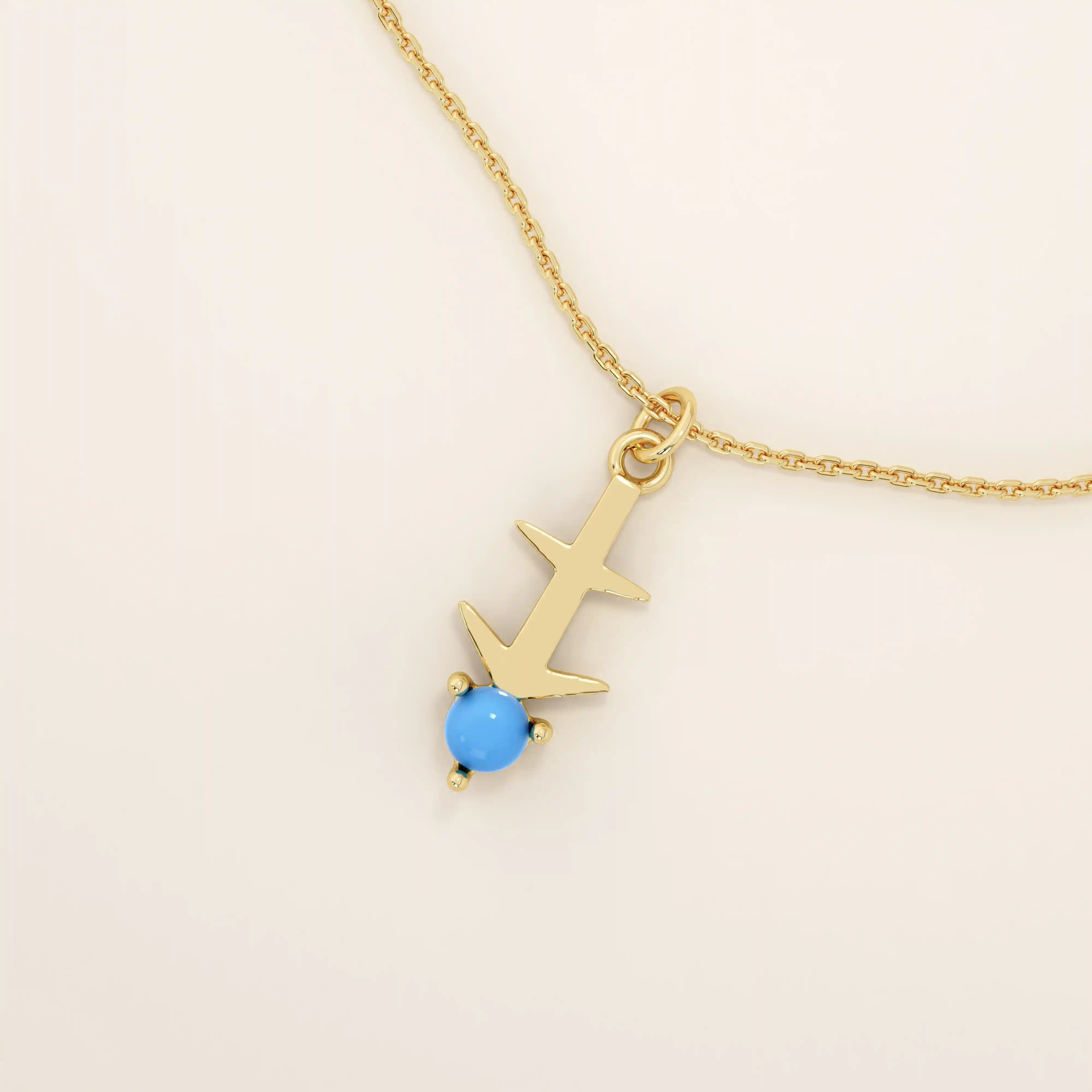 Sagittarius zodiac symbol pendant necklace in 14k solid gold with turquoise gemstone.