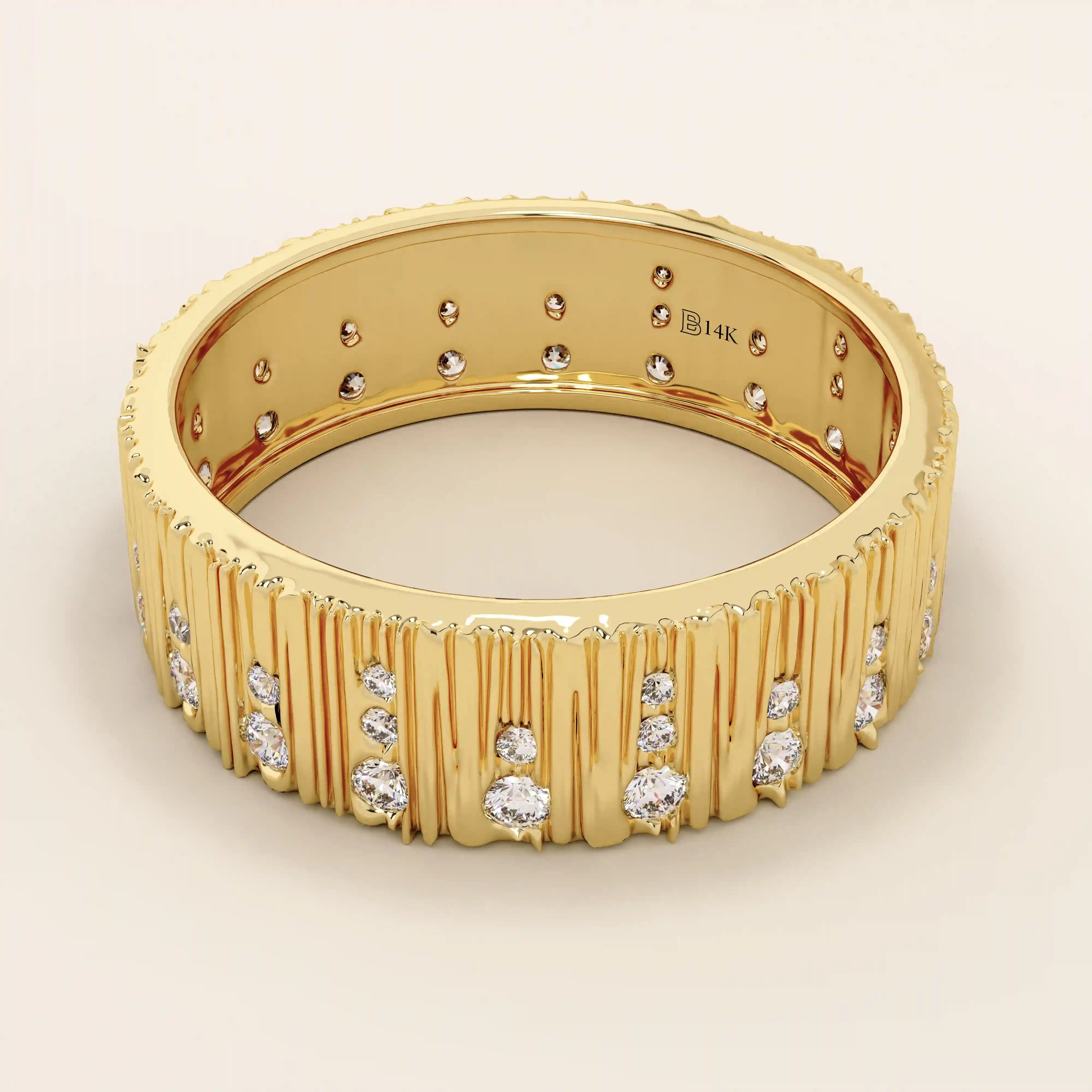 Side angle view of a 14k solid yellow gold wide wedding band with wood grain texture and pavé set round brilliant cut moissanite stones, stylish and unique bridal jewelry
