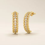 Side profile of 14k solid yellow gold rope half hoop studs, highlighting the intricate twisted texture and the row of pavé-set white moissanite stones.
