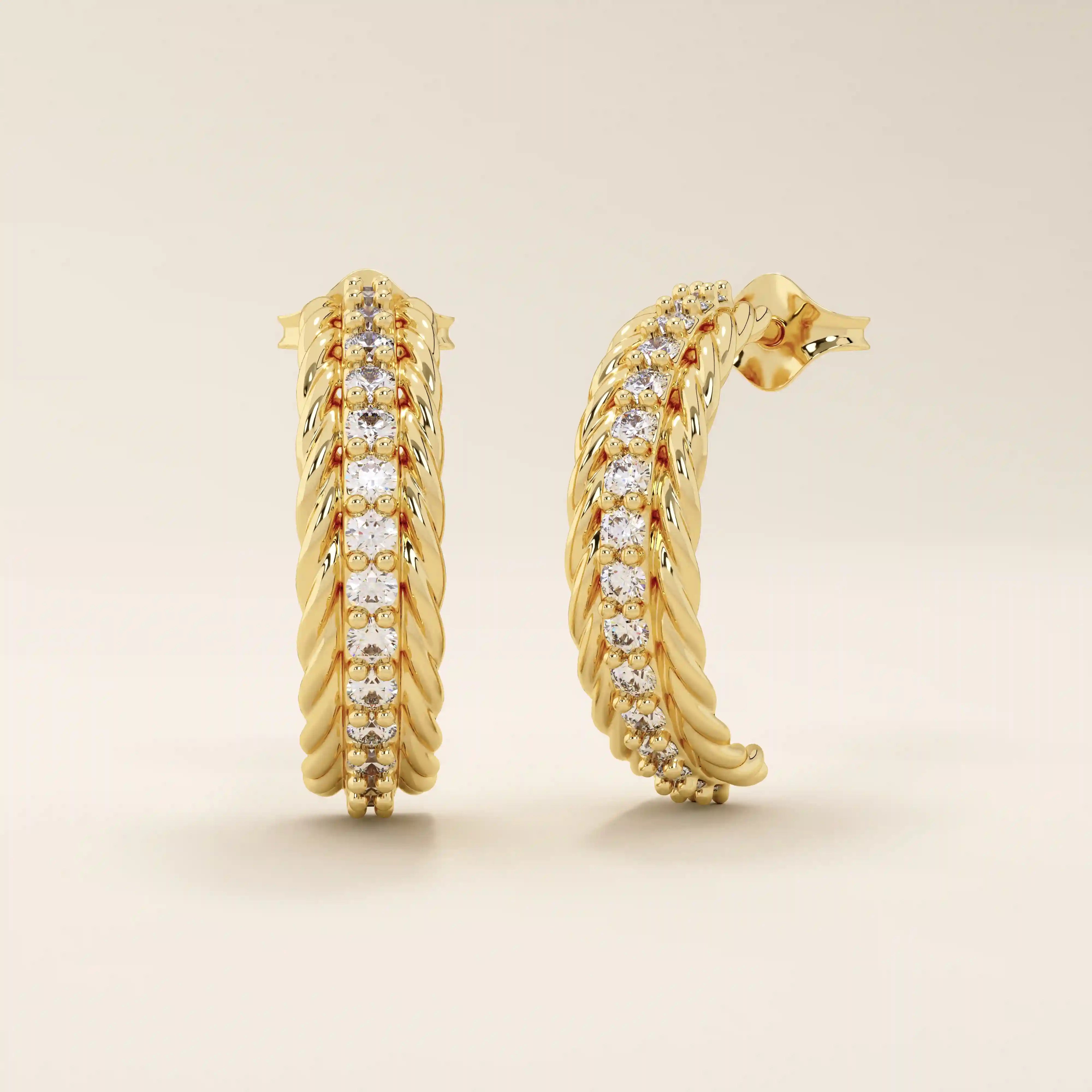Side profile of 14k solid yellow gold rope half hoop studs, highlighting the intricate twisted texture and the row of pavé-set white moissanite stones.
