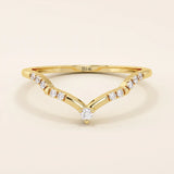 Slim chevron-shaped curve ring in 14k solid gold, accented with pavé moissanites. A delicate nesting band with modern lines and sparkle.