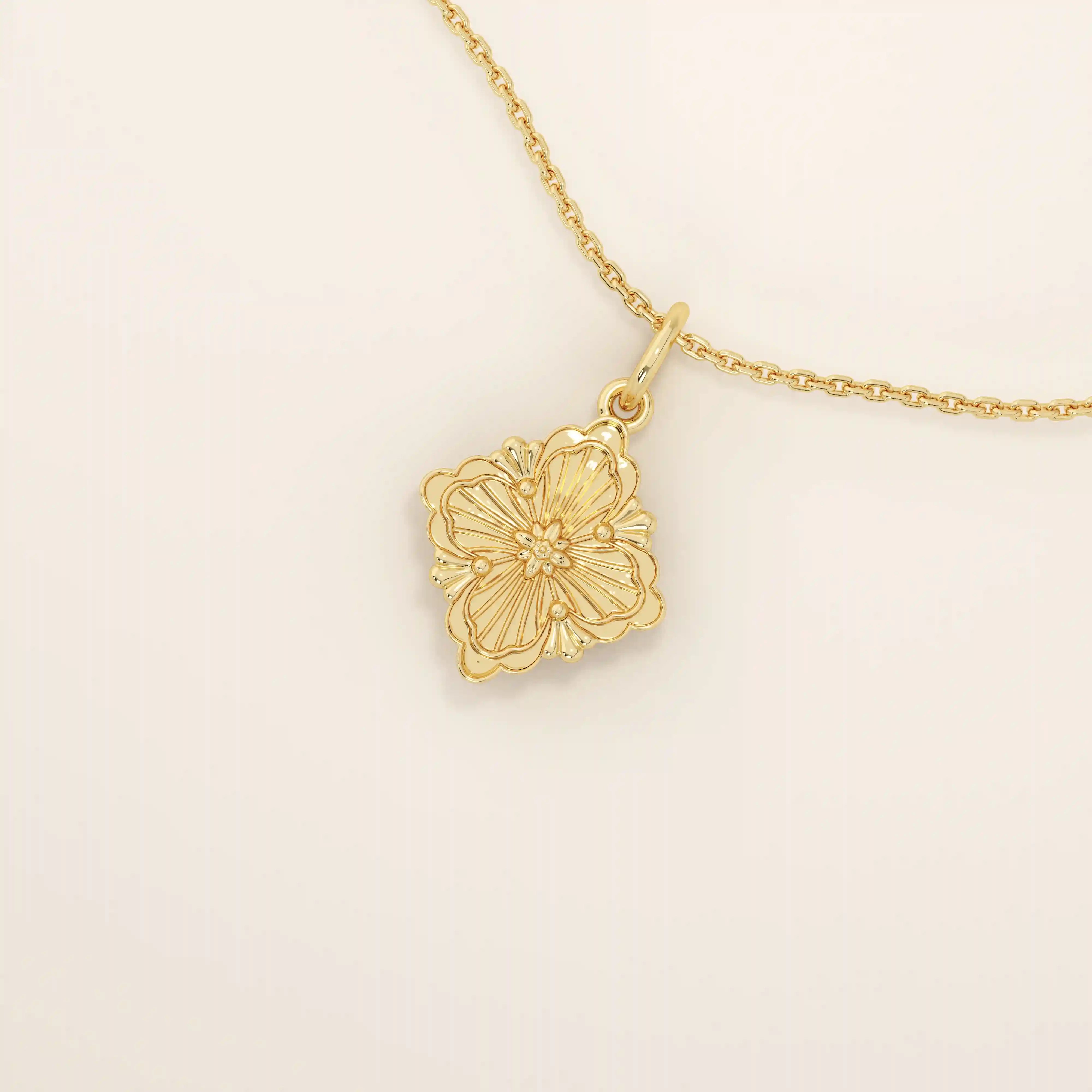 Unique 14k solid gold clover motif necklace featuring a smooth, plain pendant in a four-leaf design, symbolizing luck and elegance, perfect for everyday wear.