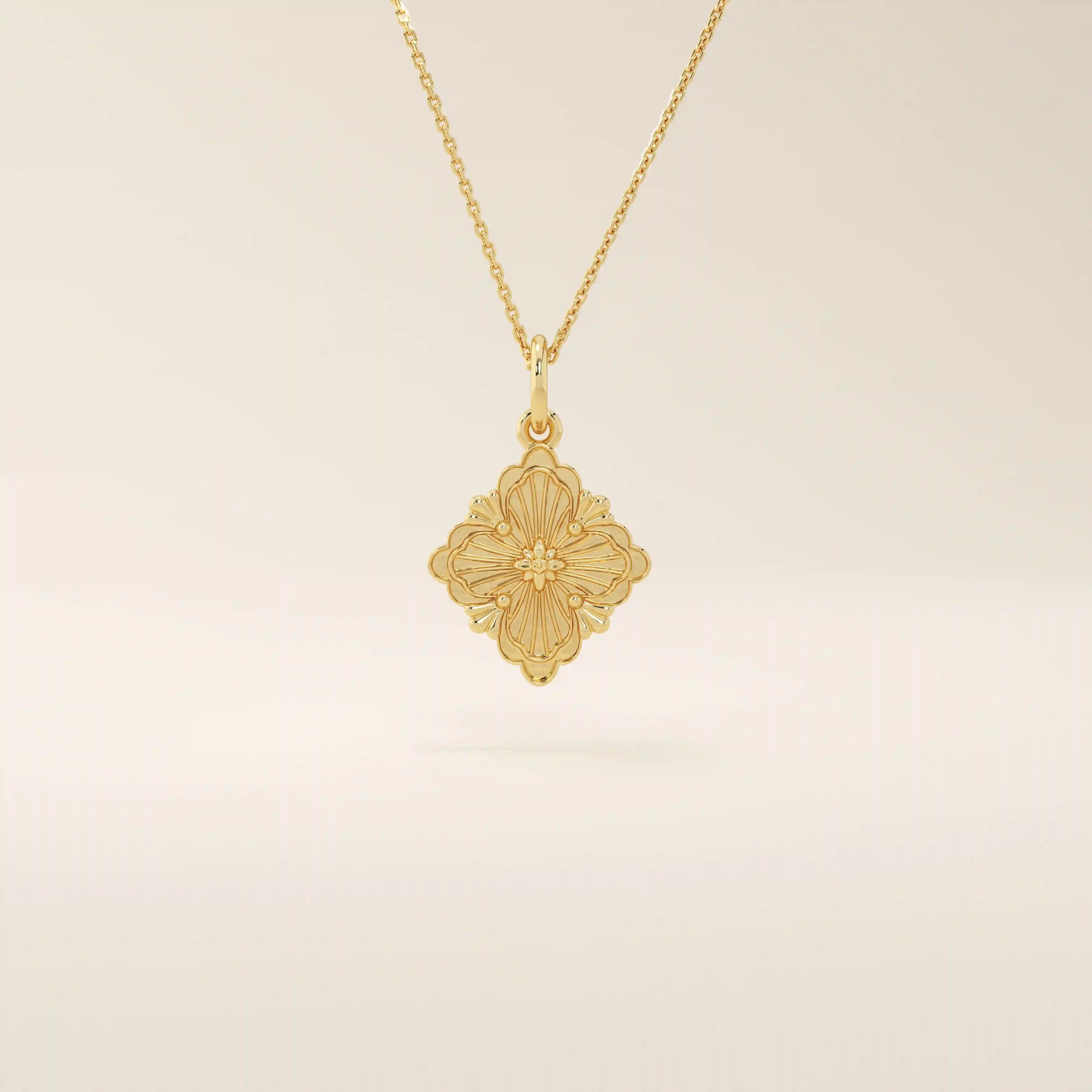 Unique 14k solid gold clover motif necklace featuring a smooth, plain pendant in a four-leaf design, symbolizing luck and elegance, perfect for everyday wear.
