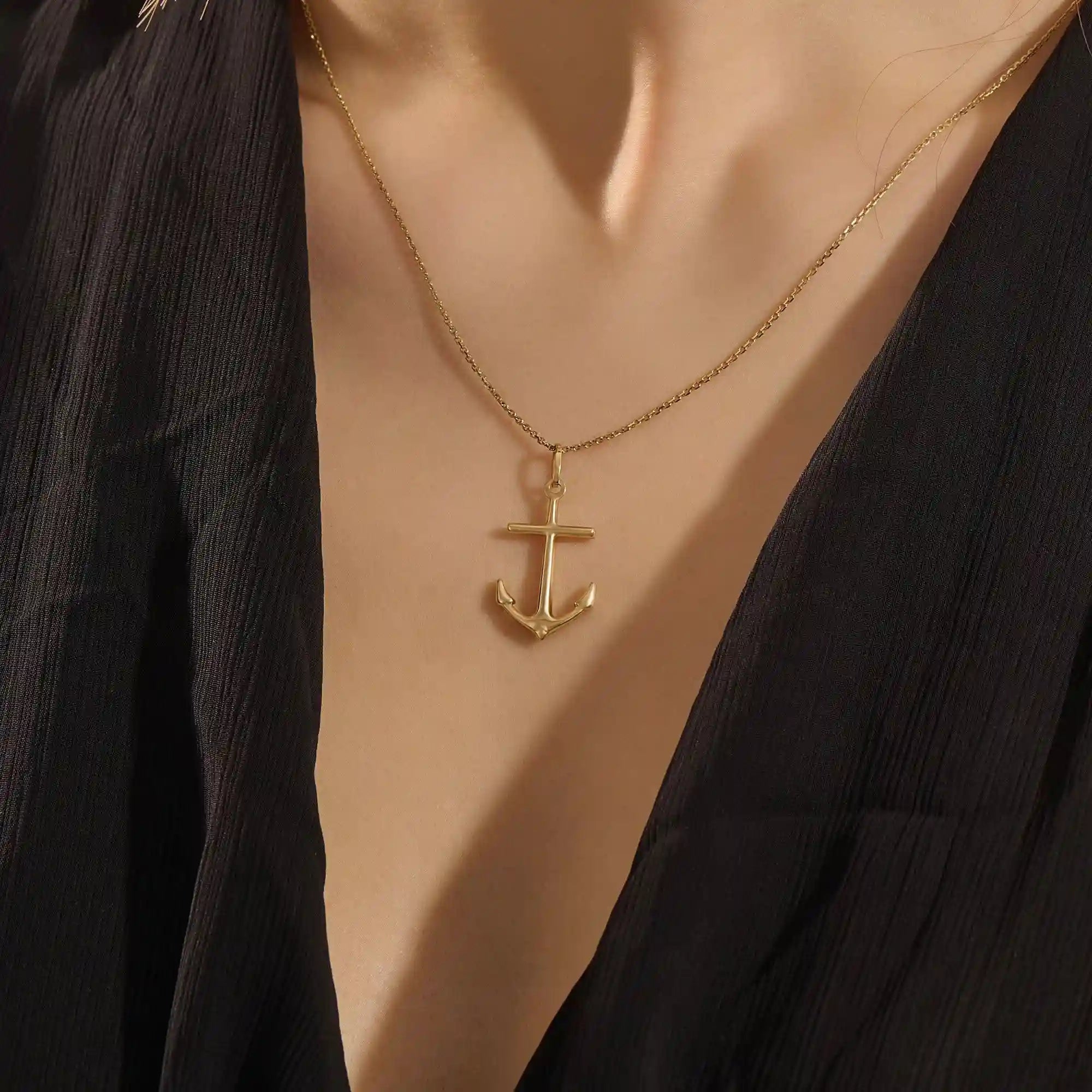 14k solid gold plain gold anchor pendant necklace for women