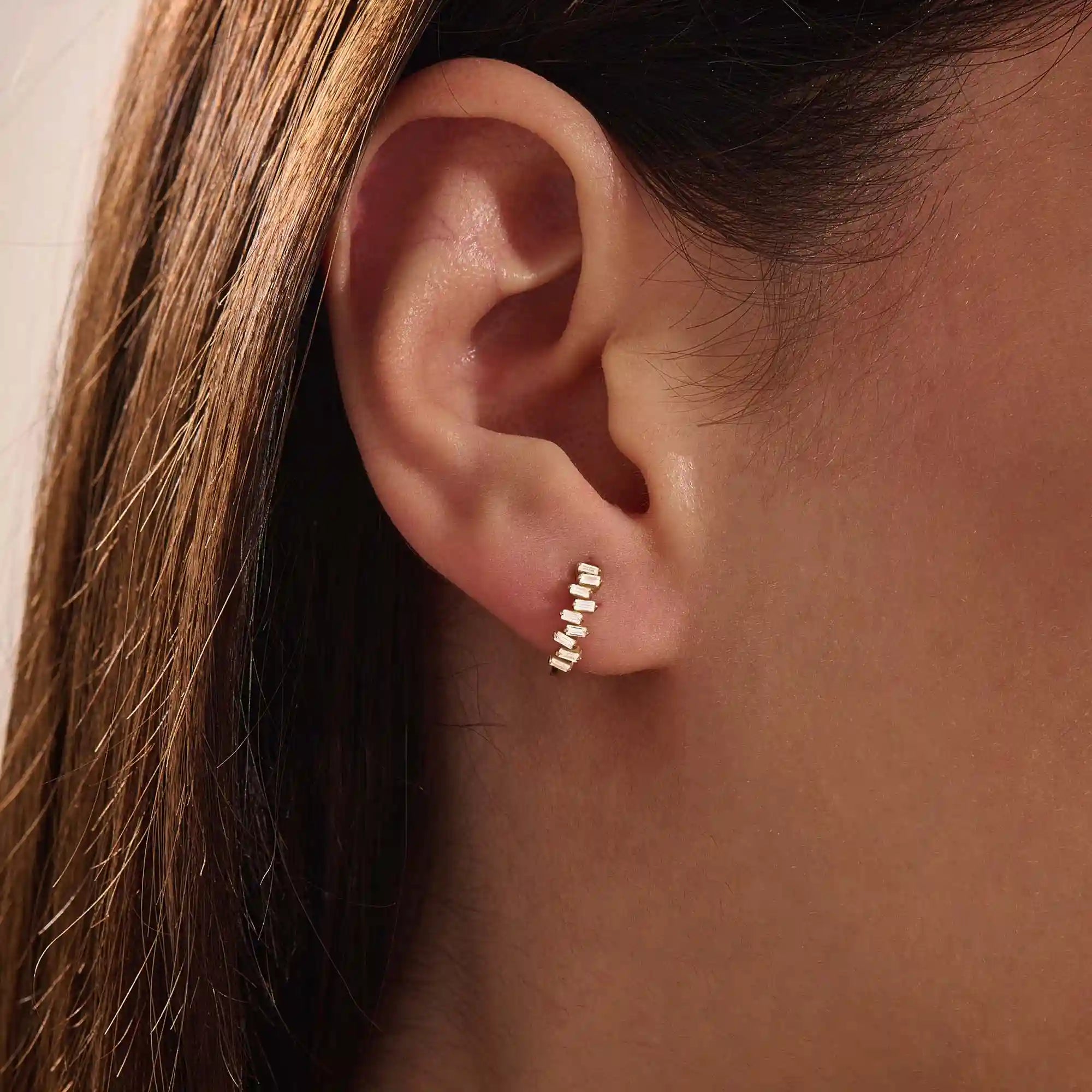 14k solid gold baguette cluster hoop earring for women