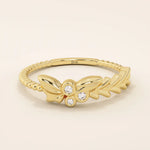 14k solid gold beaded band bezel set moissanite leaf vine stacking ring for women