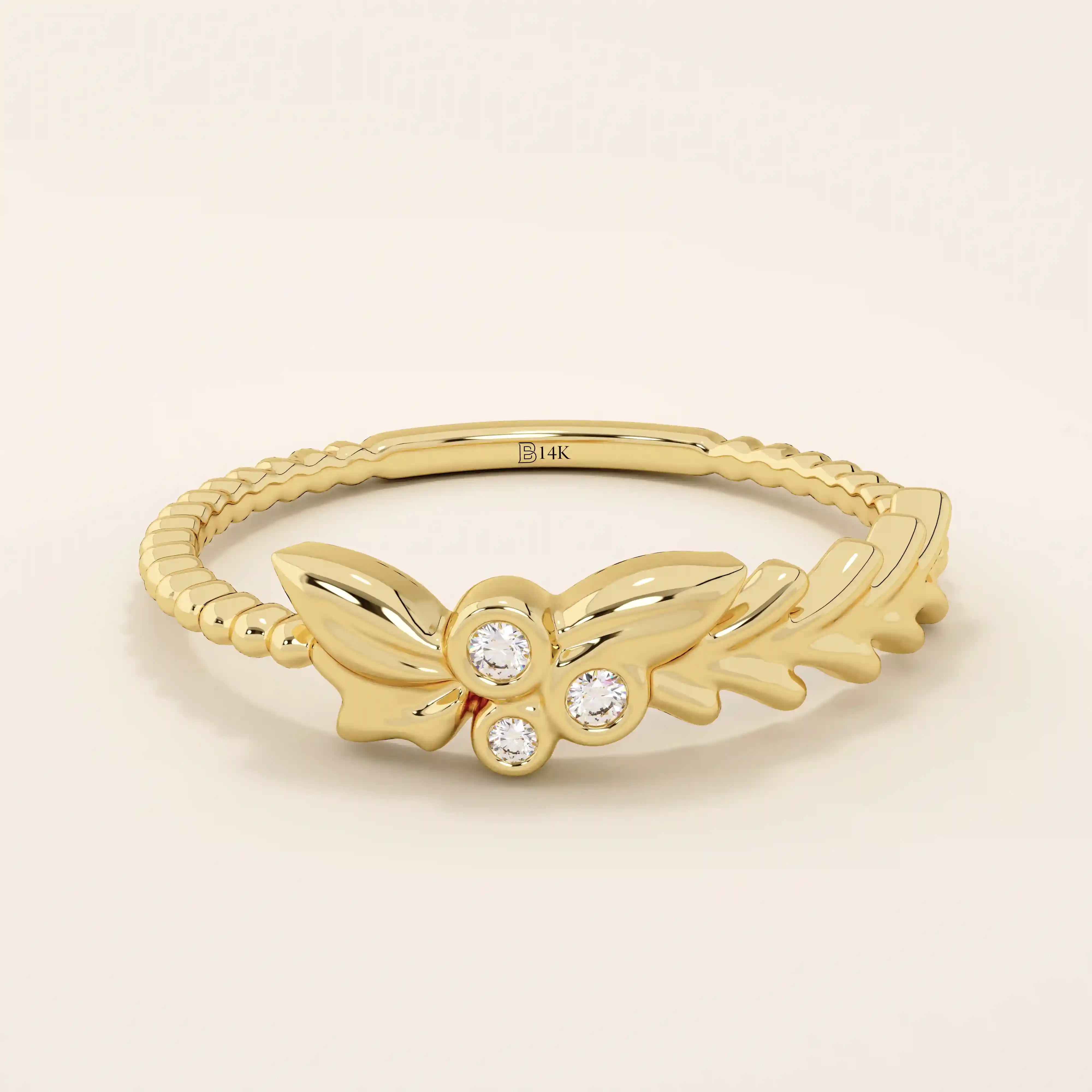 14k solid gold beaded band bezel set moissanite leaf vine stacking ring for women