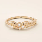 14k solid gold beaded band bezel set moissanite leaf vine stacking ring for women