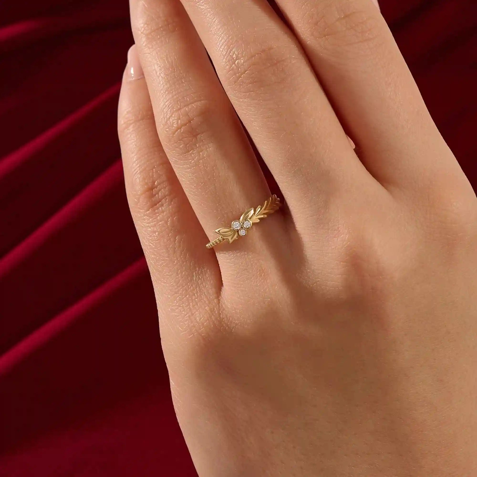 14k solid gold beaded band bezel set moissanite leaf vine stacking ring for women