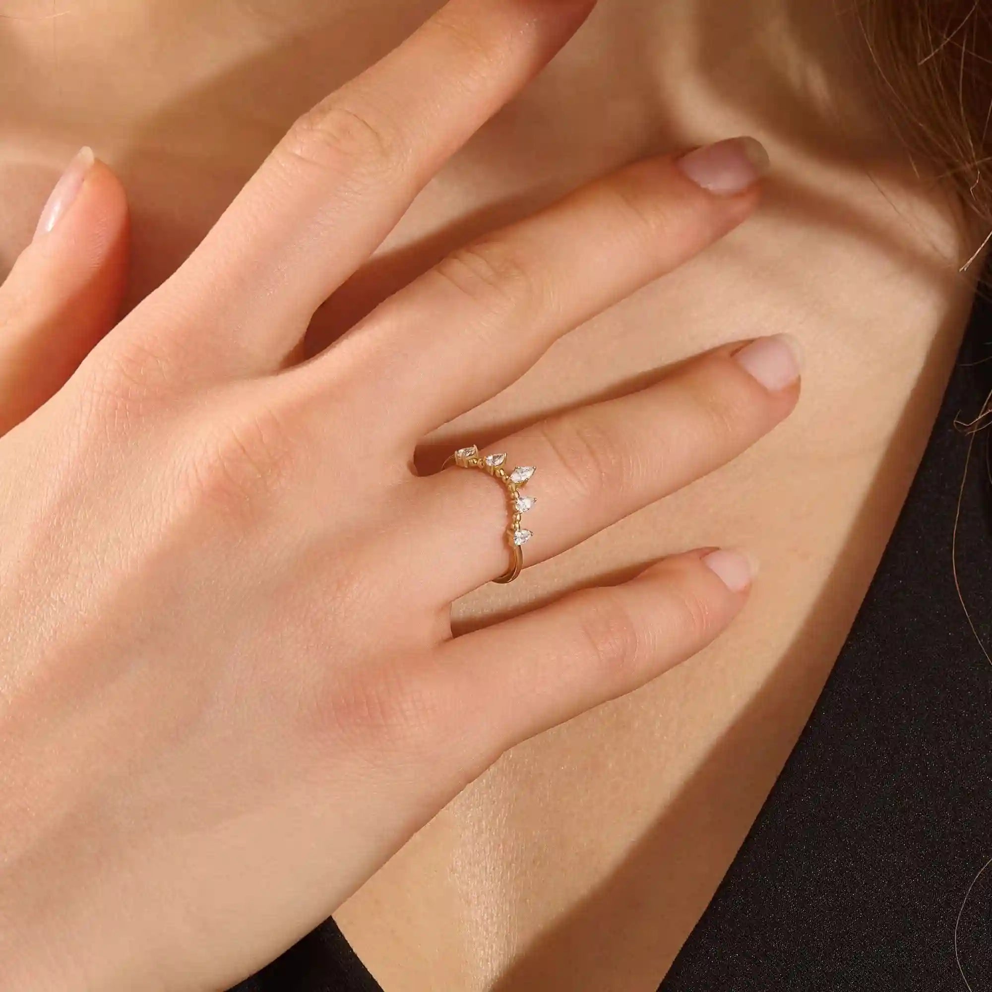 14k solid gold beaded band marquise pear moissanite stones stackable curve ring for women