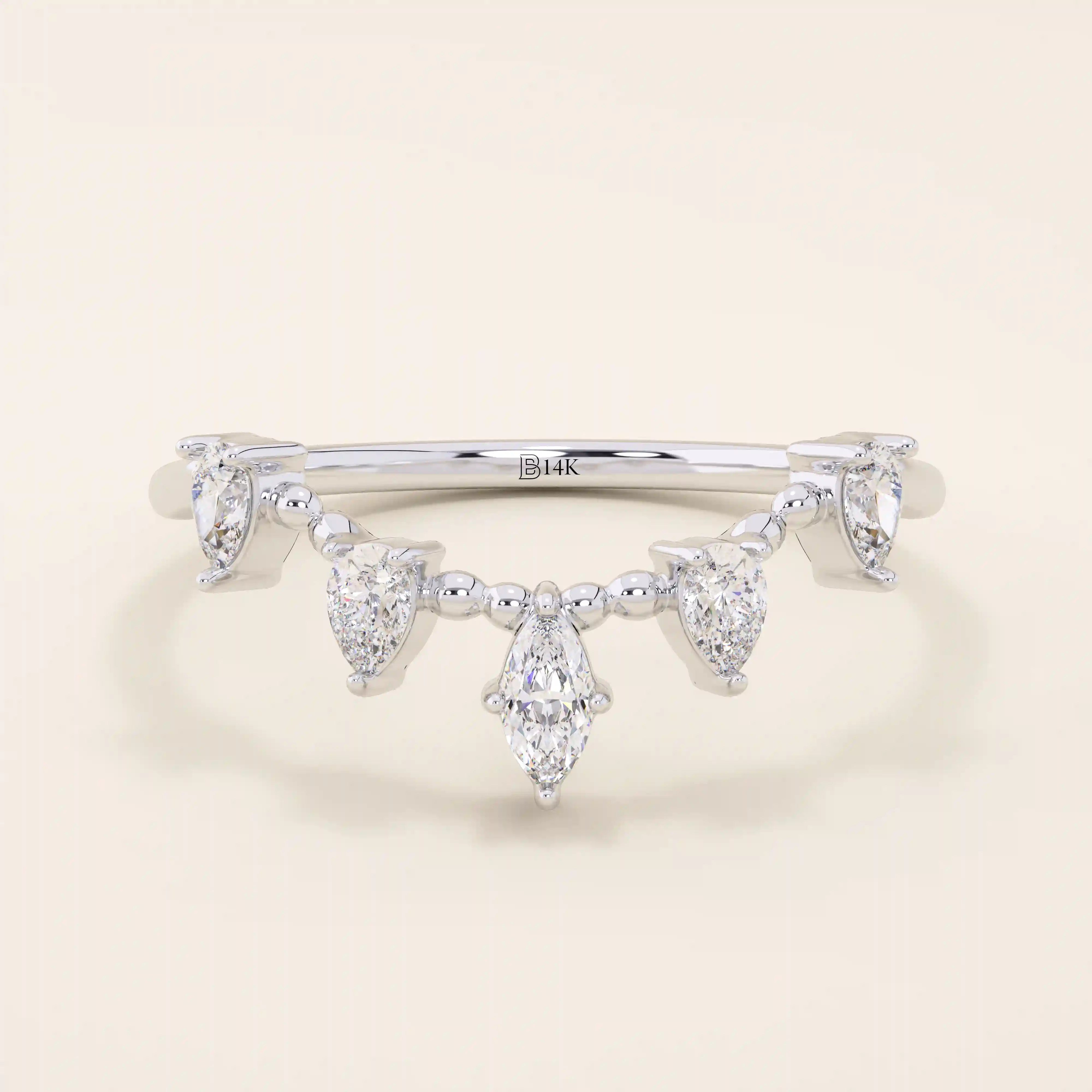 14k solid gold beaded band marquise pear moissanite stones stackable curve ring for women
