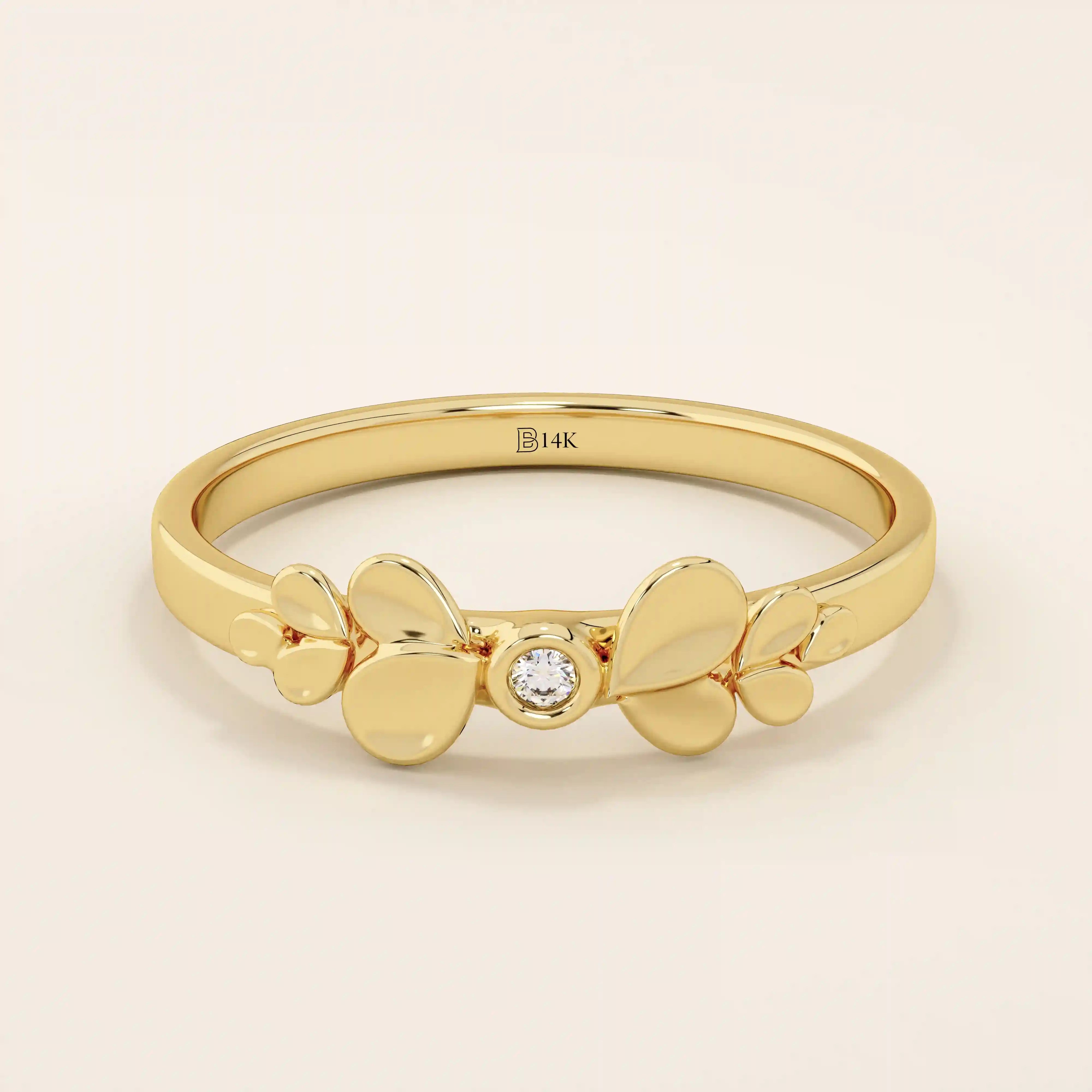 14k solid gold bezel set small moissanite leaf stackable wedding ring for women