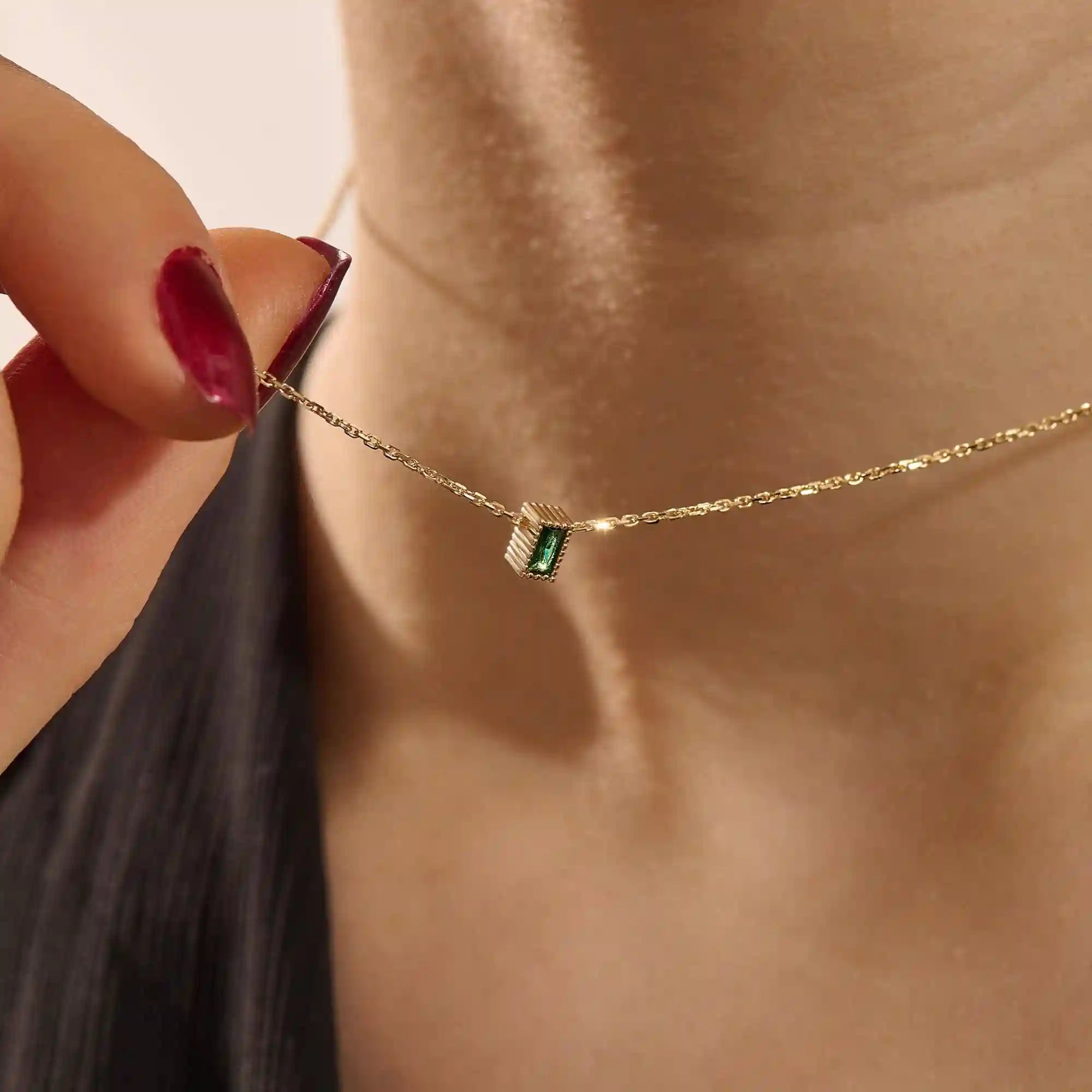 14K SOLID GOLD BIRTHSTONE BAGUETTE CUT BEZEL CHARM NECKLACE FOR WOMEN
