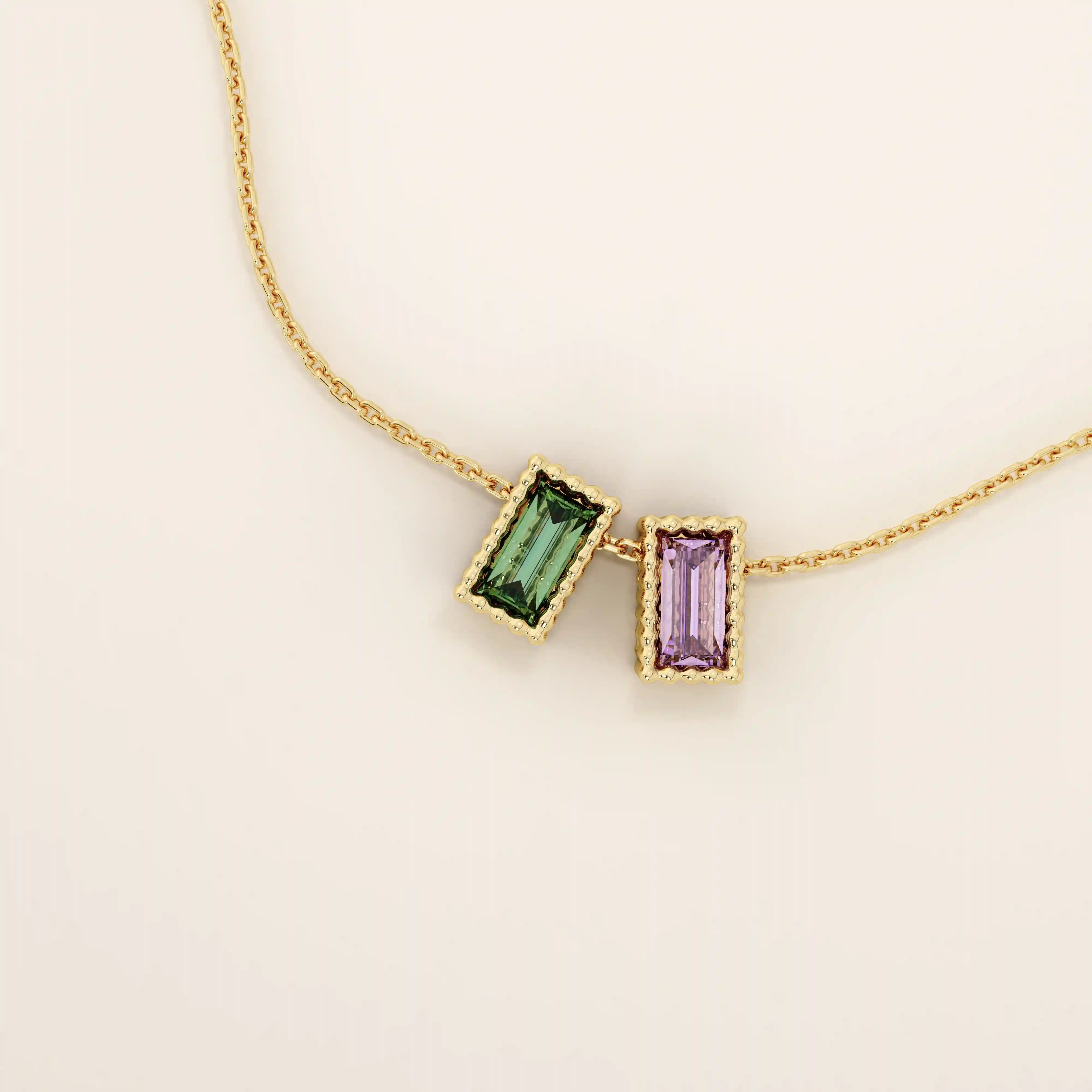 14K SOLID GOLD BIRTHSTONE BAGUETTE CUT BEZEL CHARM NECKLACE FOR WOMEN