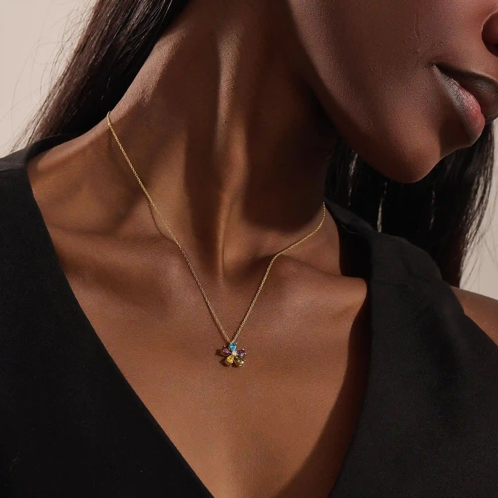 14k solid gold colorful pear birthstone flower cute pendant necklace for women