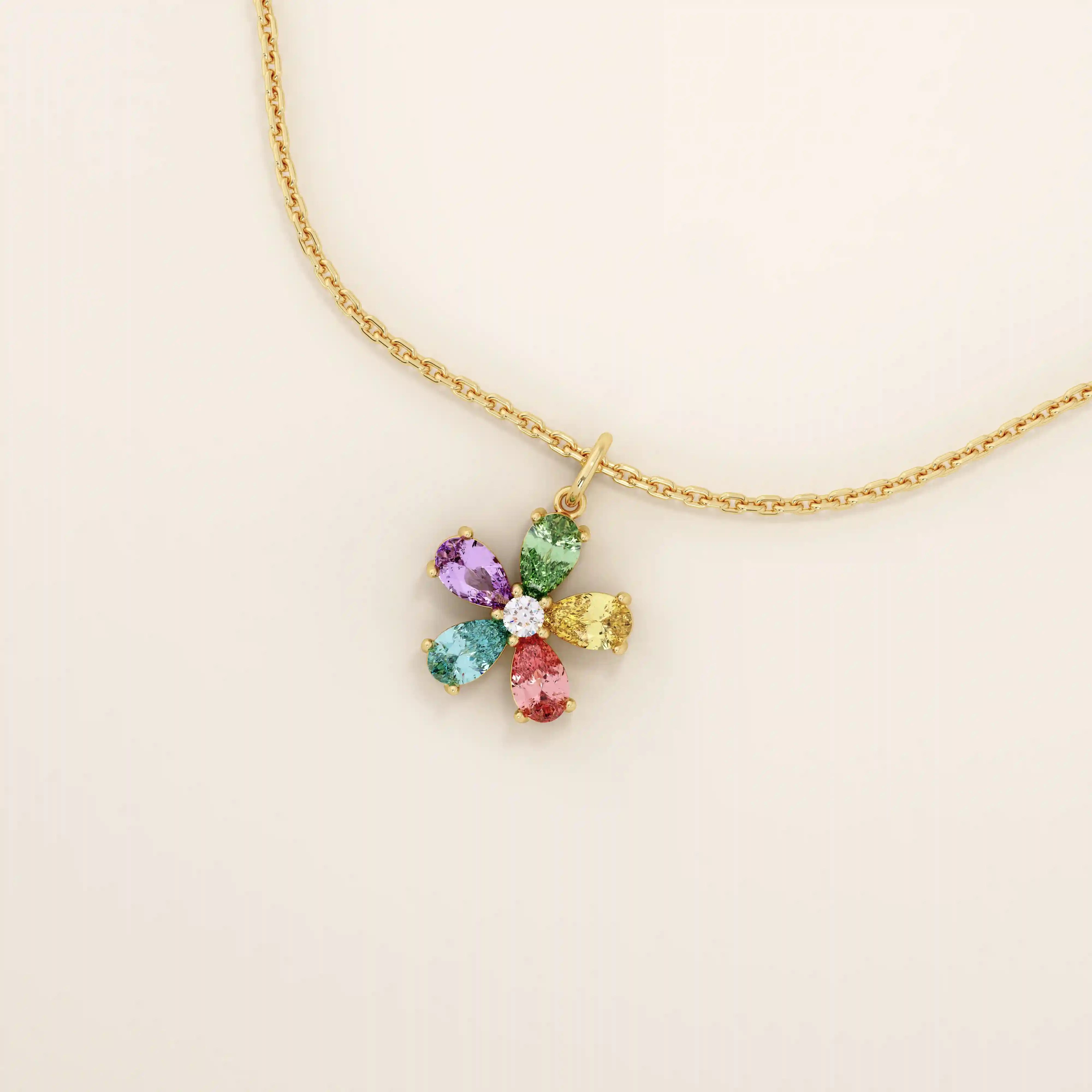 14k solid gold colorful pear birthstone flower cute pendant necklace for women