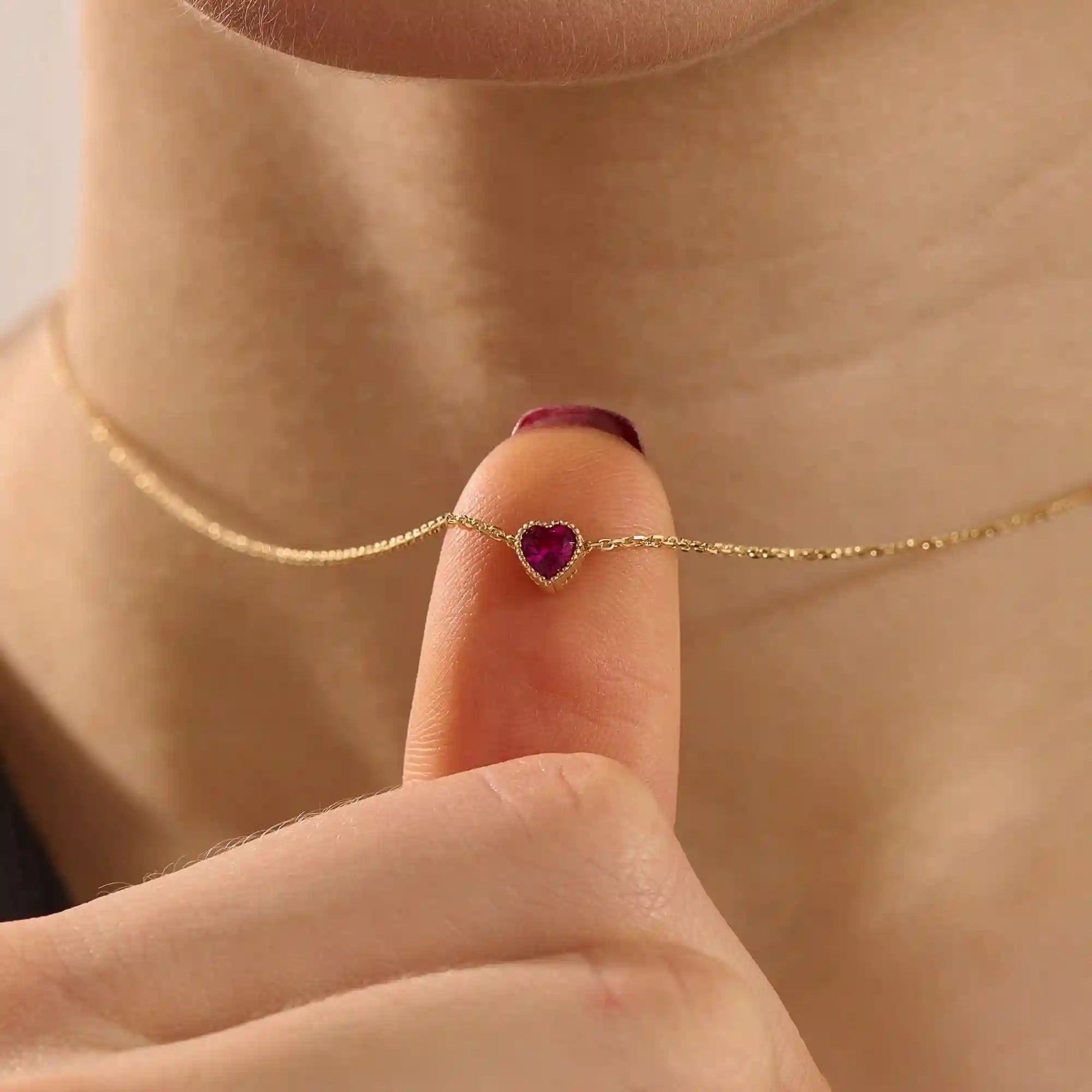 14K SOLID GOLD PINK HEART SHAPE MOVING CHARM NECKLACE FOR WOMEN