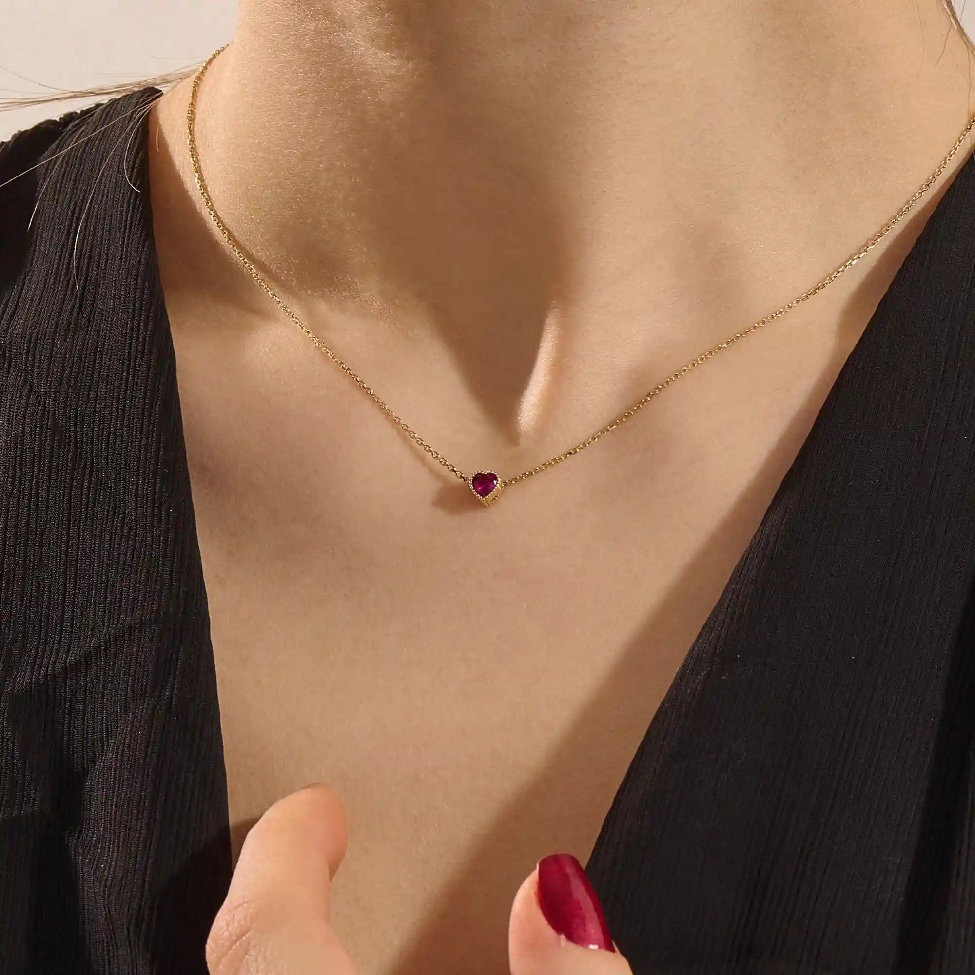14K SOLID GOLD PINK HEART SHAPE MOVING CHARM NECKLACE FOR WOMEN