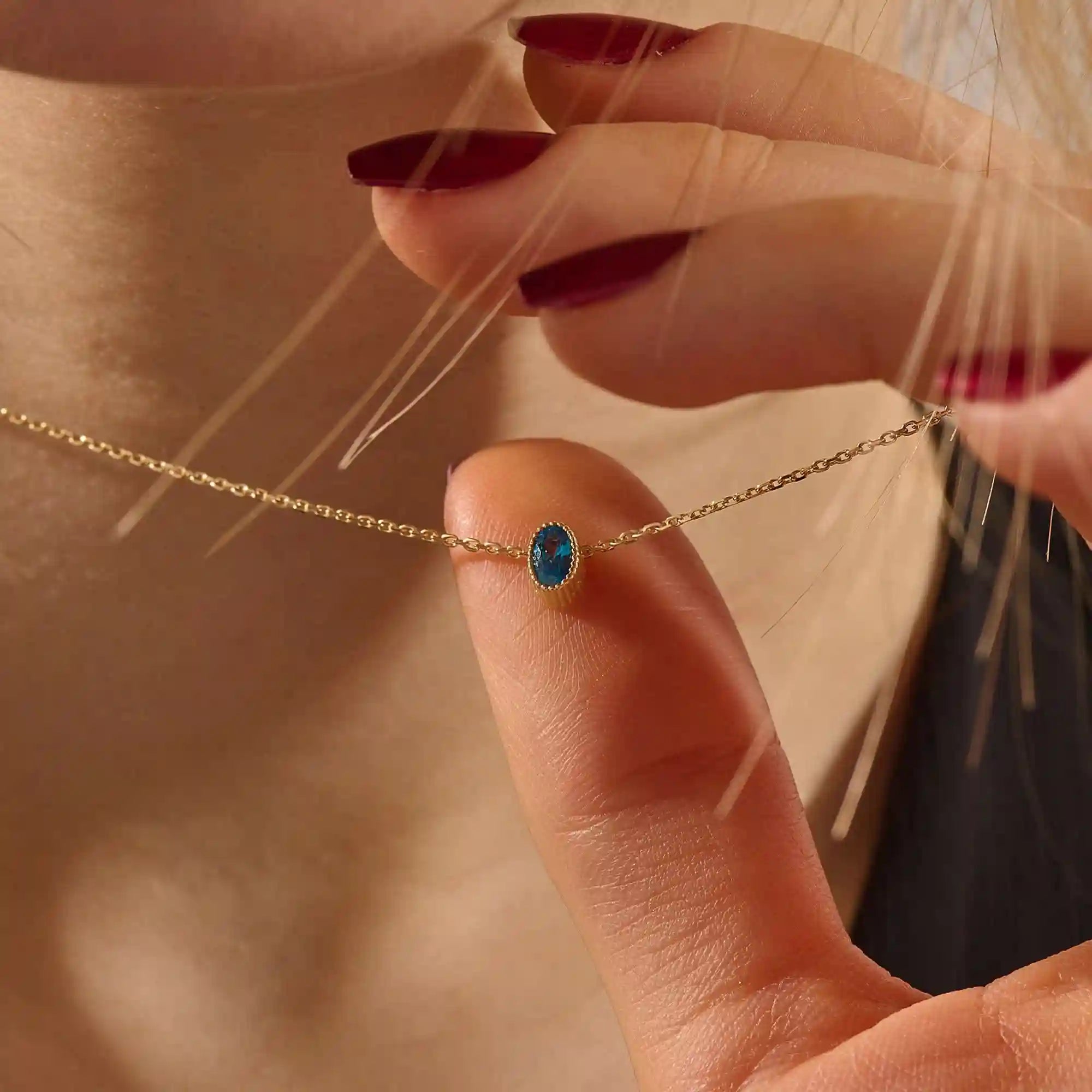 14K SOLID GOLD BIRTHSTONE OVAL SHAPE MOVING CHARM NECKLACE FOR WOMEN