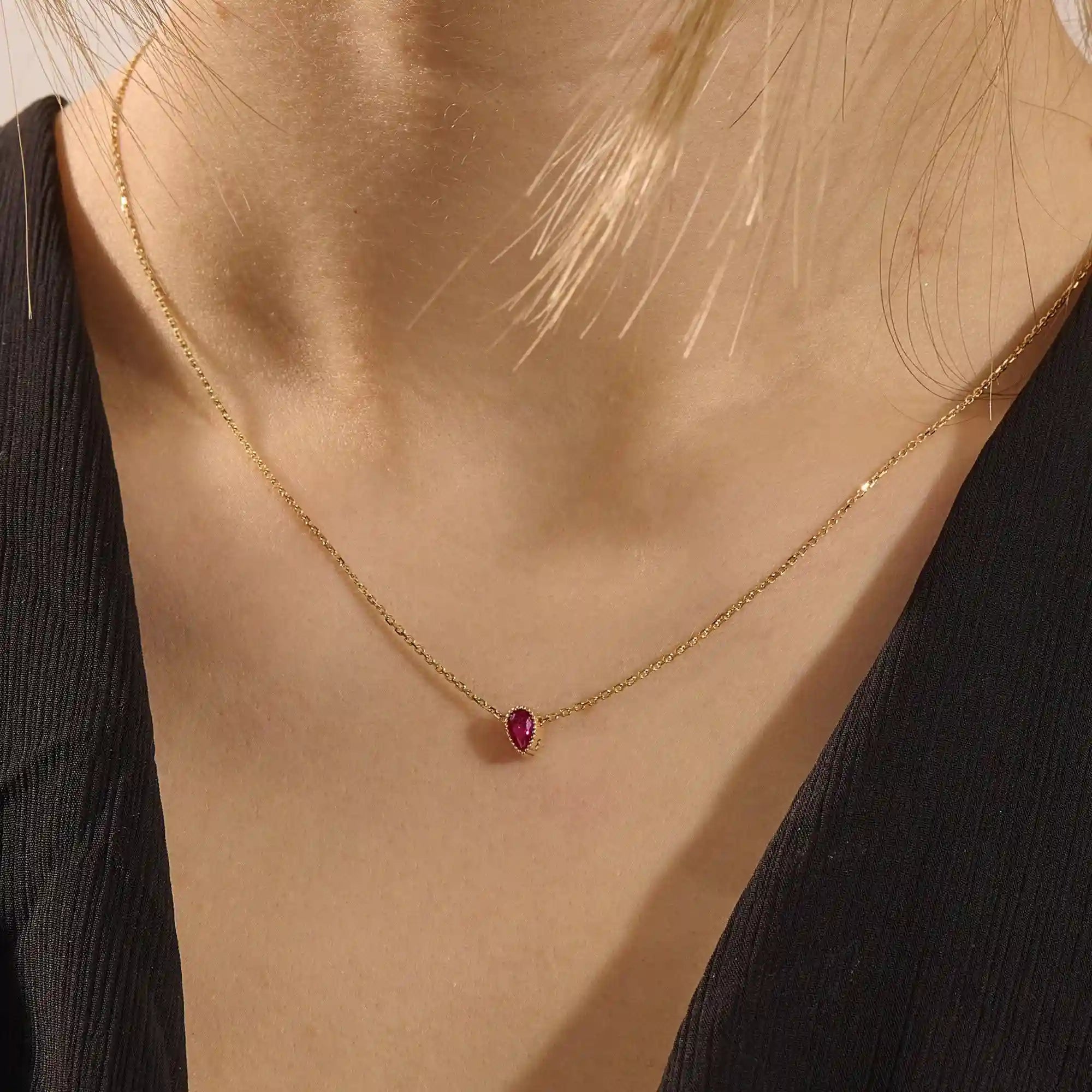 14K SOLID GOLD PEAR SHAPE PINK STONE MOVING CHARM NECKLACE