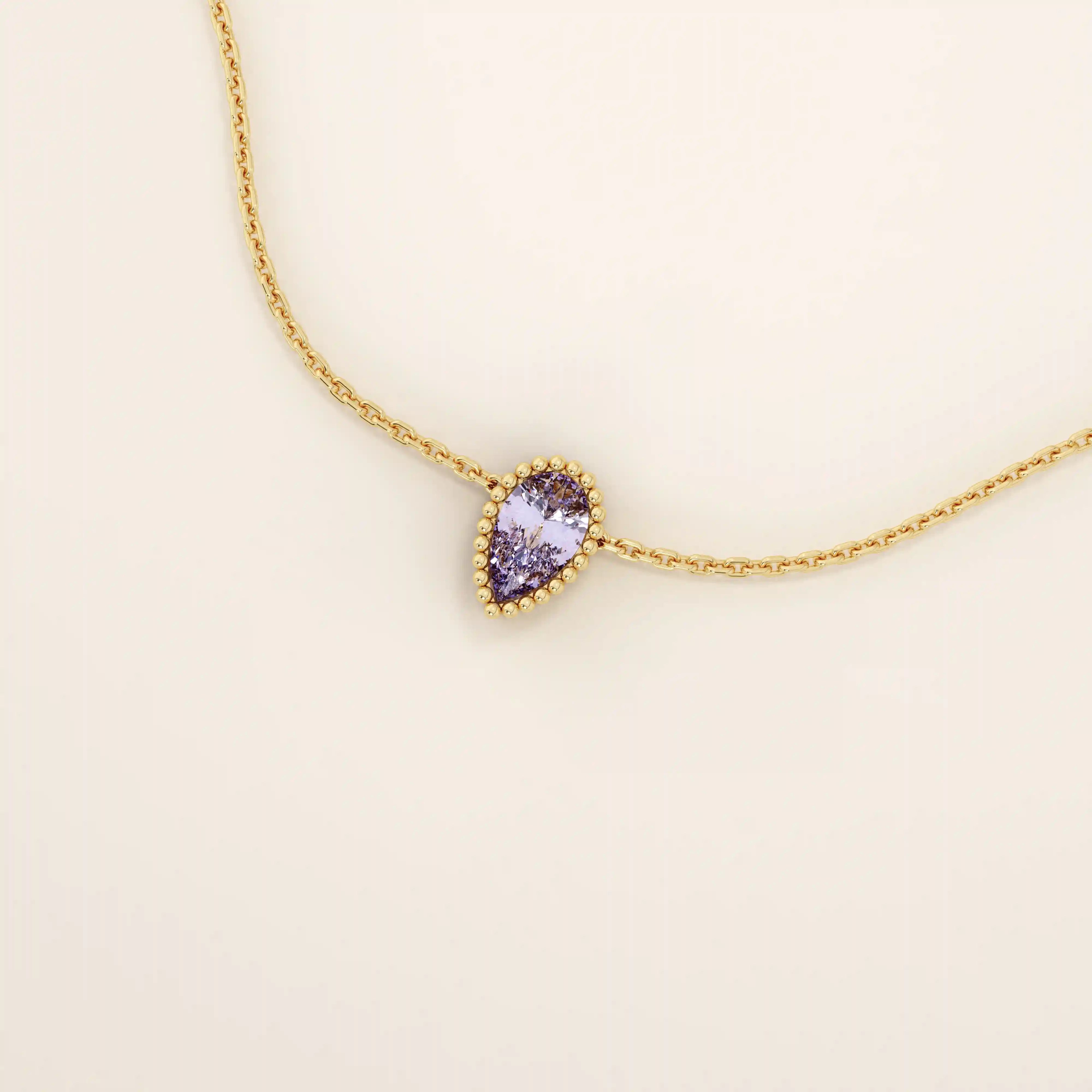 14K SOLID GOLD PEAR SHAPE PINK STONE MOVING CHARM NECKLACE