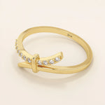 ONE SIDE PAVE STONES KNOT BYPASS STACKABLE WEDDING RING IN 14K SOLID GOLD FOR WOMEN