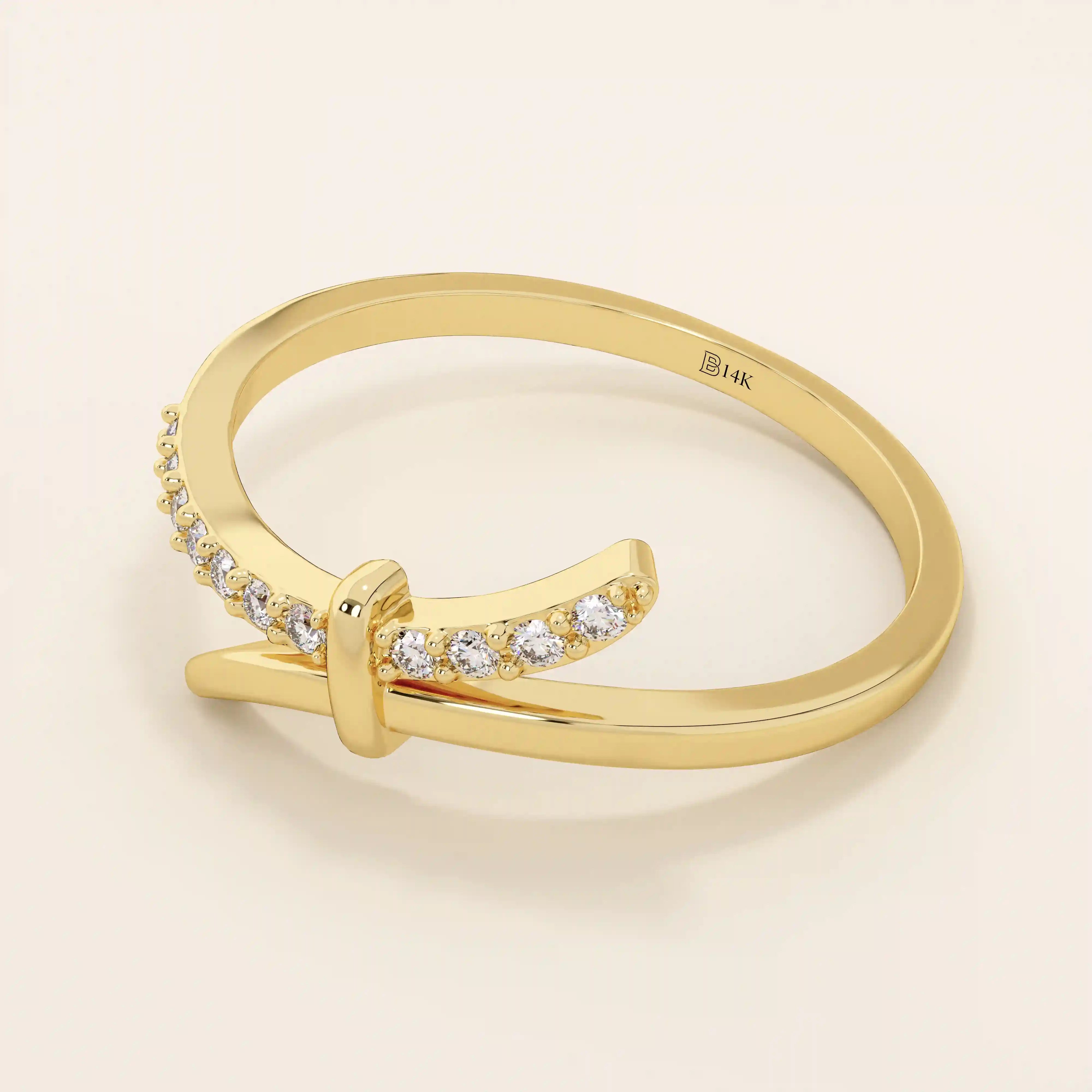 ONE SIDE PAVE STONES KNOT BYPASS STACKABLE WEDDING RING IN 14K SOLID GOLD FOR WOMEN