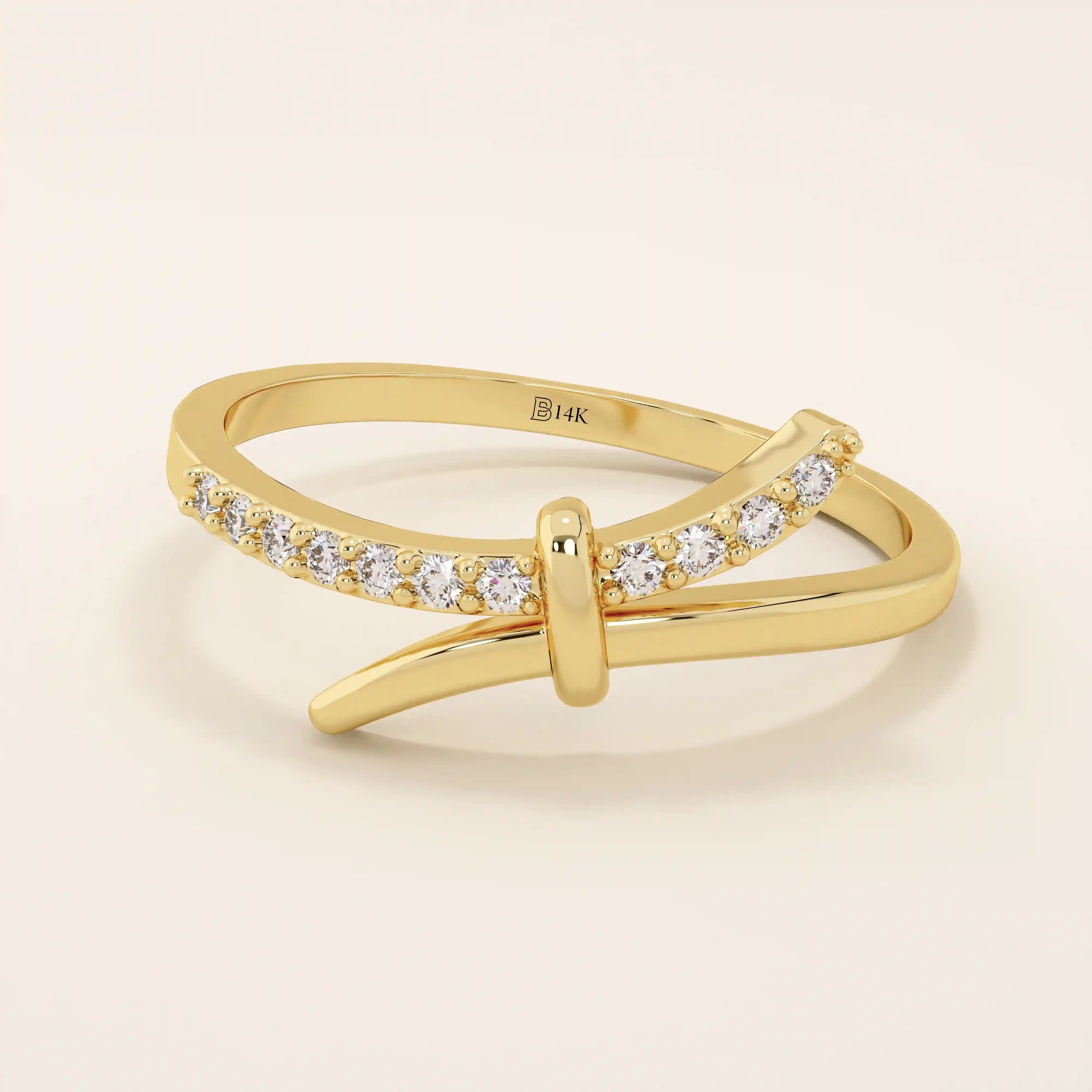 ONE SIDE PAVE STONES KNOT BYPASS STACKABLE WEDDING RING IN 14K SOLID GOLD FOR WOMEN