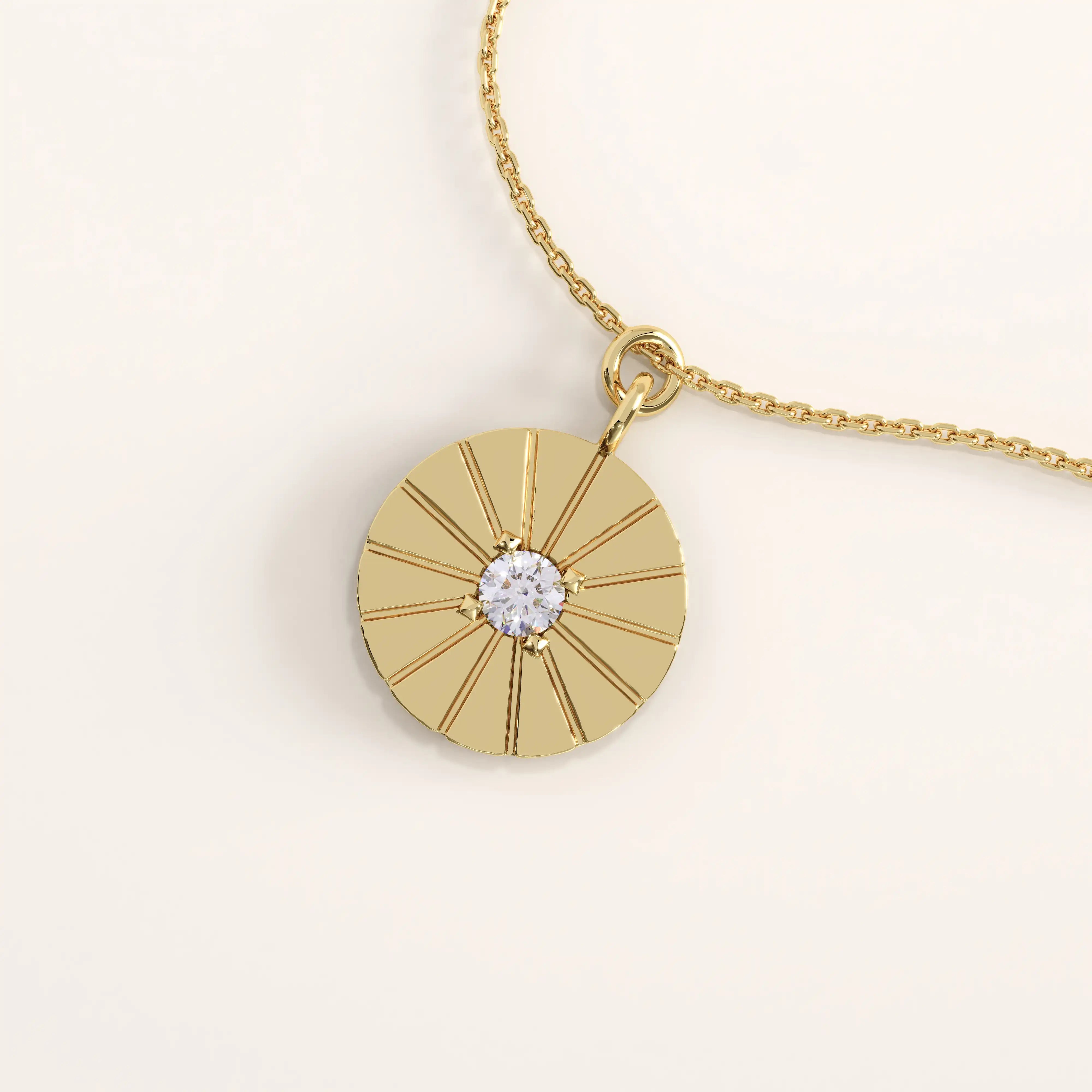 14k gold vermeil coin necklace featuring a round medallion pendant with a radiant engraved design and a central cubic zirconia for timeless sophistication.
