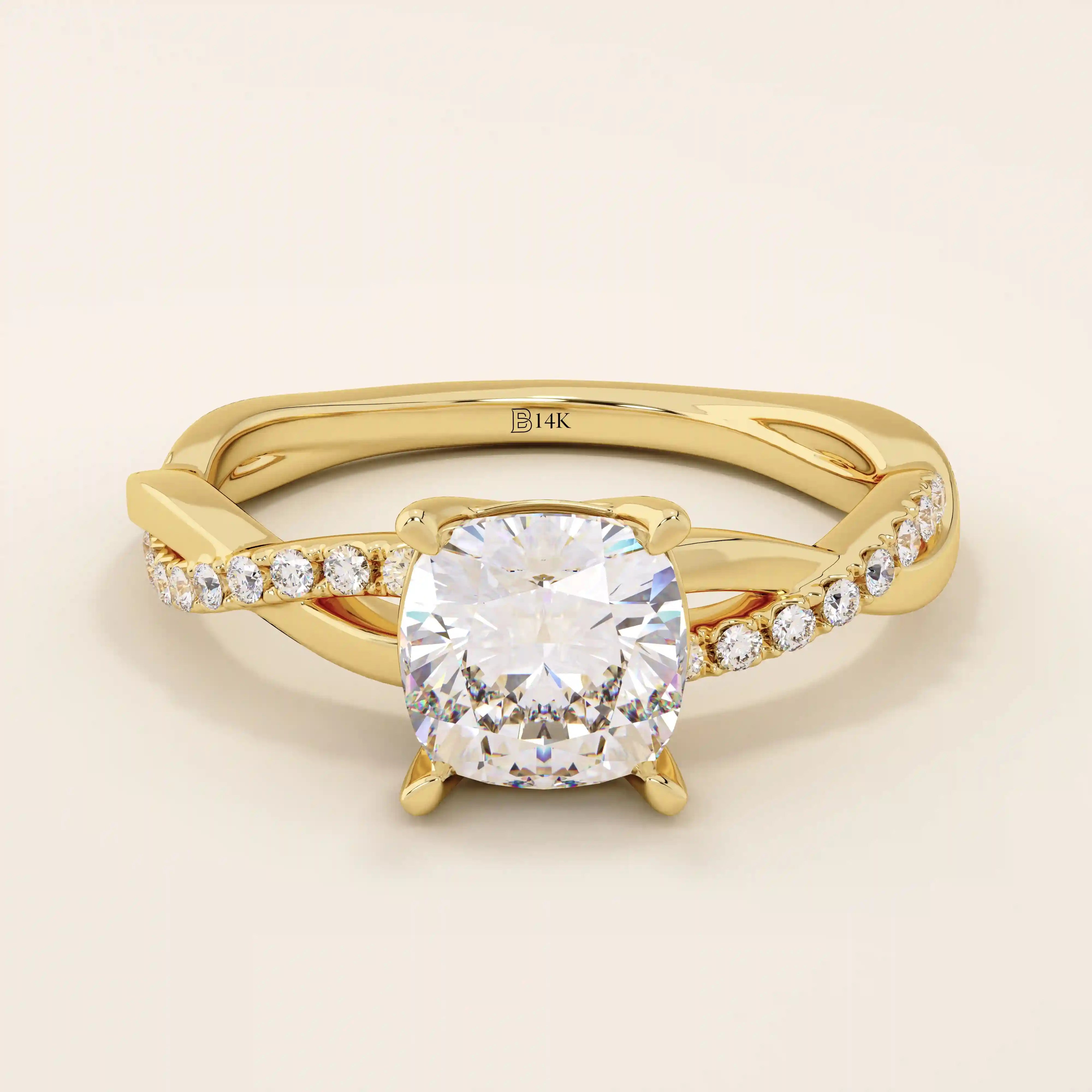 1 CTW CUSHION CUT MOISSANITE WITH TWISTED ACCENTED BAND SOLITAIRE ENGAGEMENT RING IN 14K SOLID GOLD FOR WOMEN
