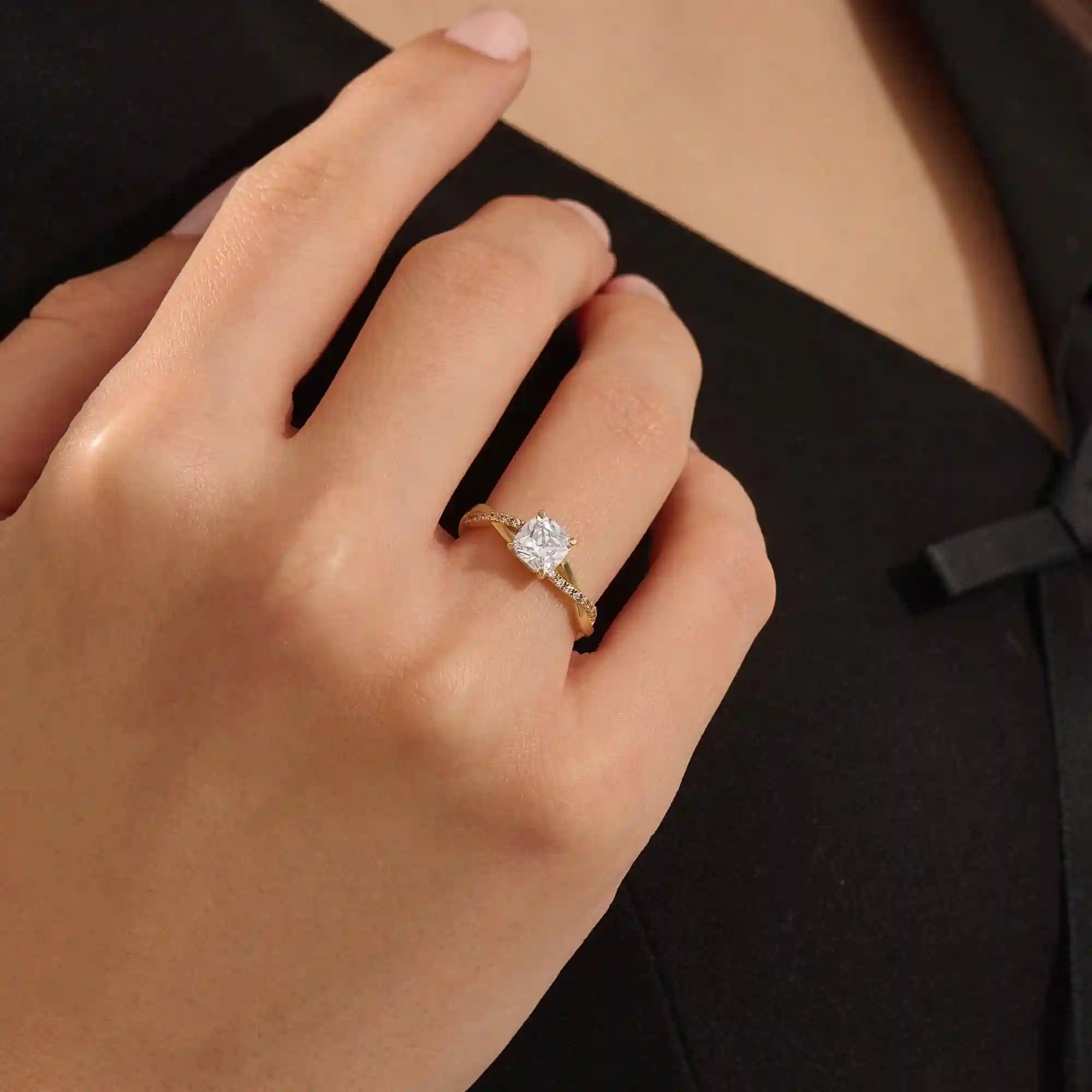 1 CTW CUSHION CUT MOISSANITE WITH TWISTED ACCENTED BAND SOLITAIRE ENGAGEMENT RING IN 14K SOLID GOLD FOR WOMEN