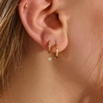 14K SOLID GOLD BEZEL ROUND DANGLING HOOP EARRINGS FOR WOMEN
