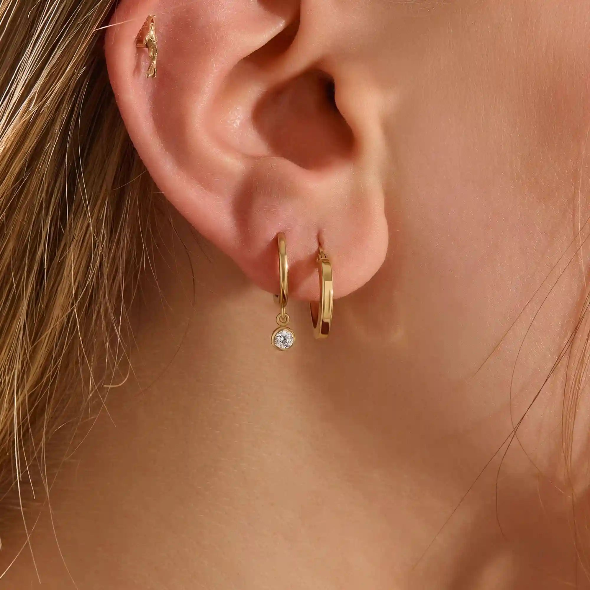 14K SOLID GOLD BEZEL ROUND DANGLING HOOP EARRINGS FOR WOMEN