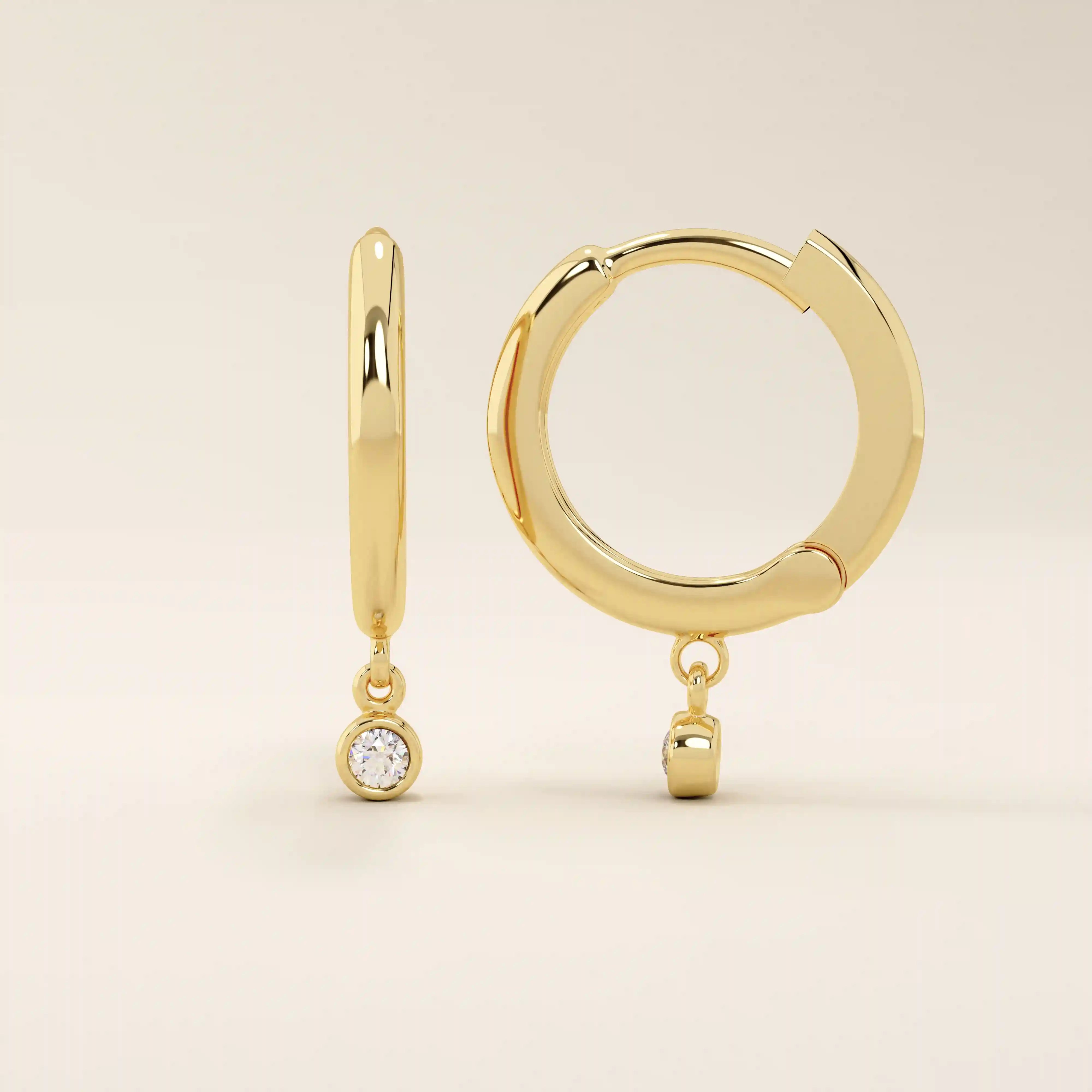 14K SOLID GOLD BEZEL ROUND DANGLING HOOP EARRINGS FOR WOMEN