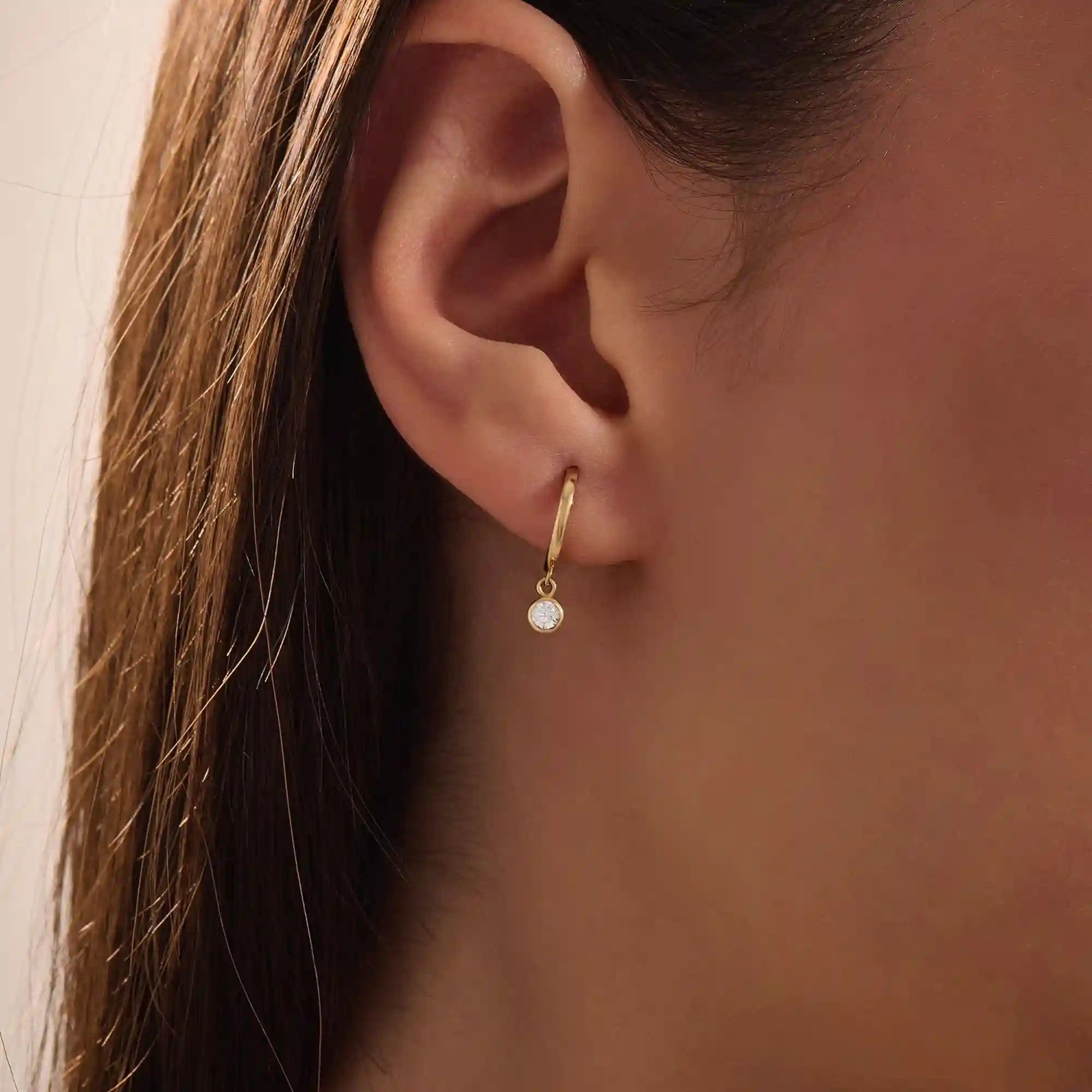 14K SOLID GOLD BEZEL ROUND DANGLING HOOP EARRINGS FOR WOMEN