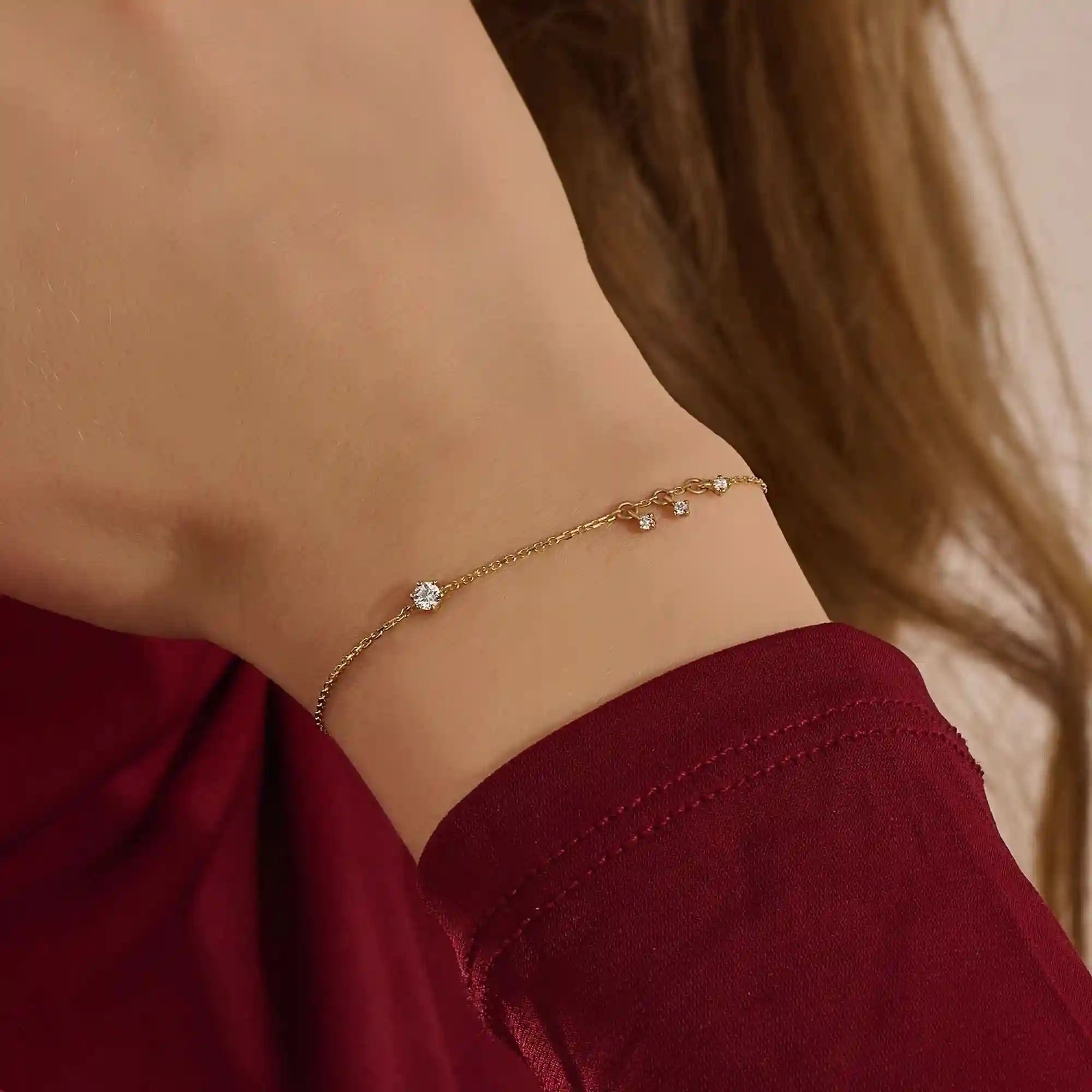 14k solid gold dangling tiny moissanite stones bracelet for women