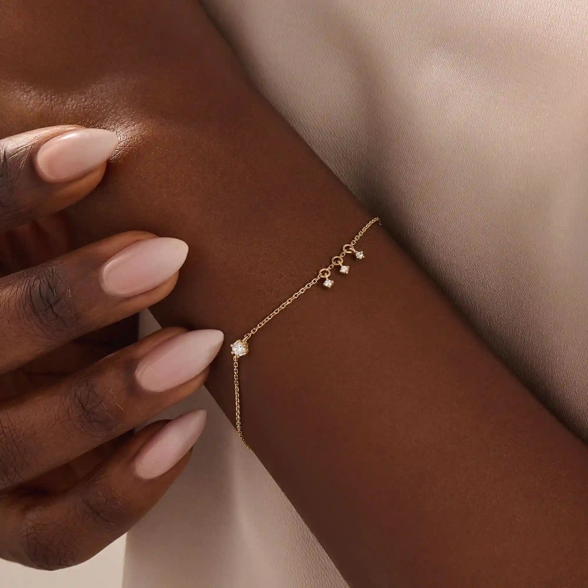 14k solid gold dangling tiny moissanite stones bracelet for women
