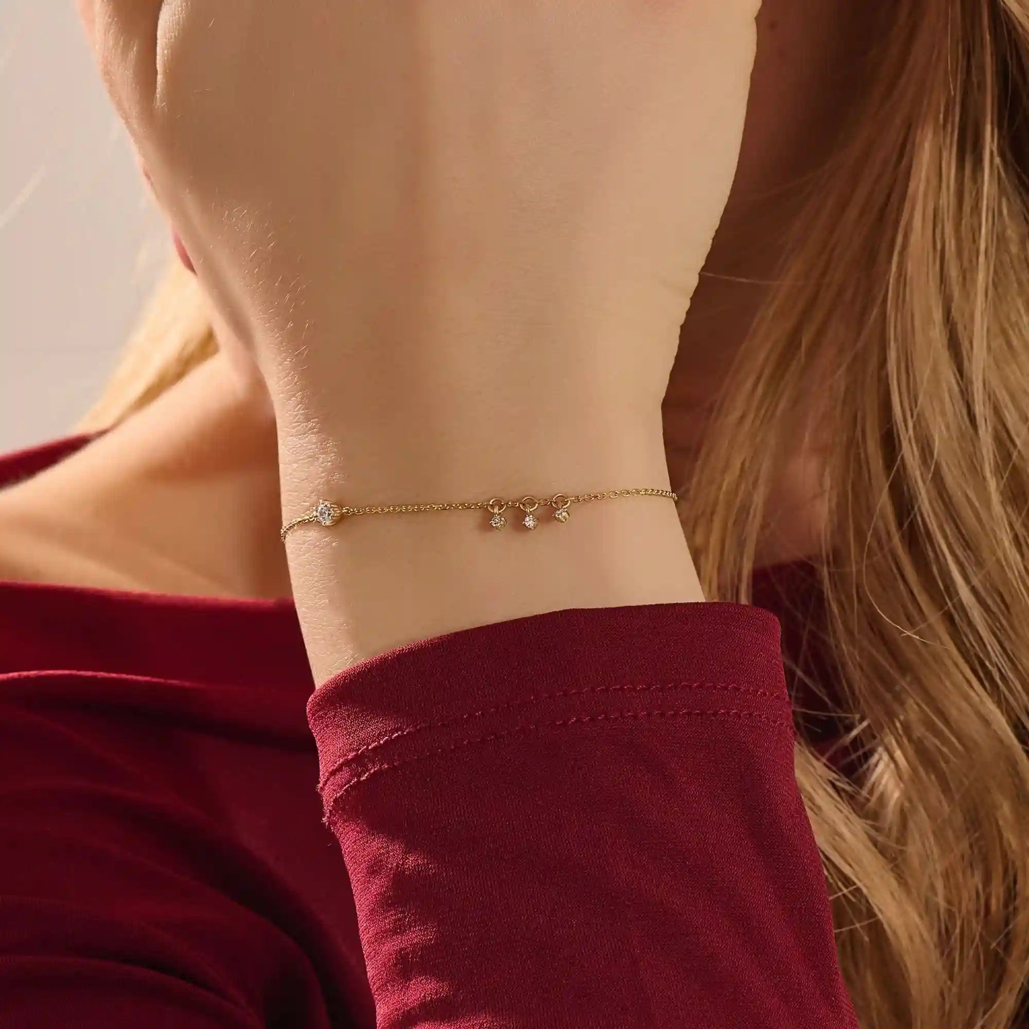 14k solid gold dangling tiny moissanite stones bracelet for women