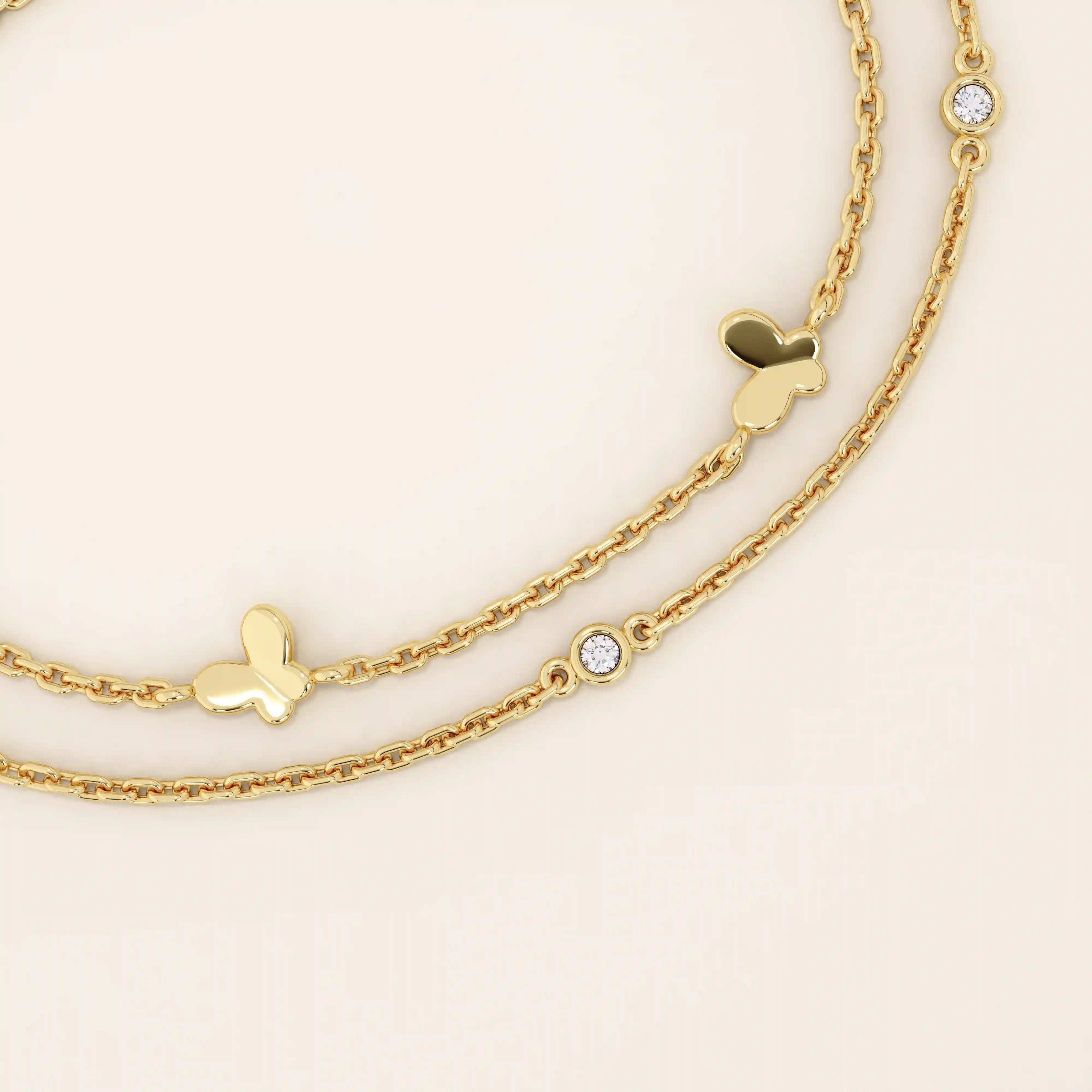 14k soid gold ultra thin double chain butterfly moissanite bracelet for women