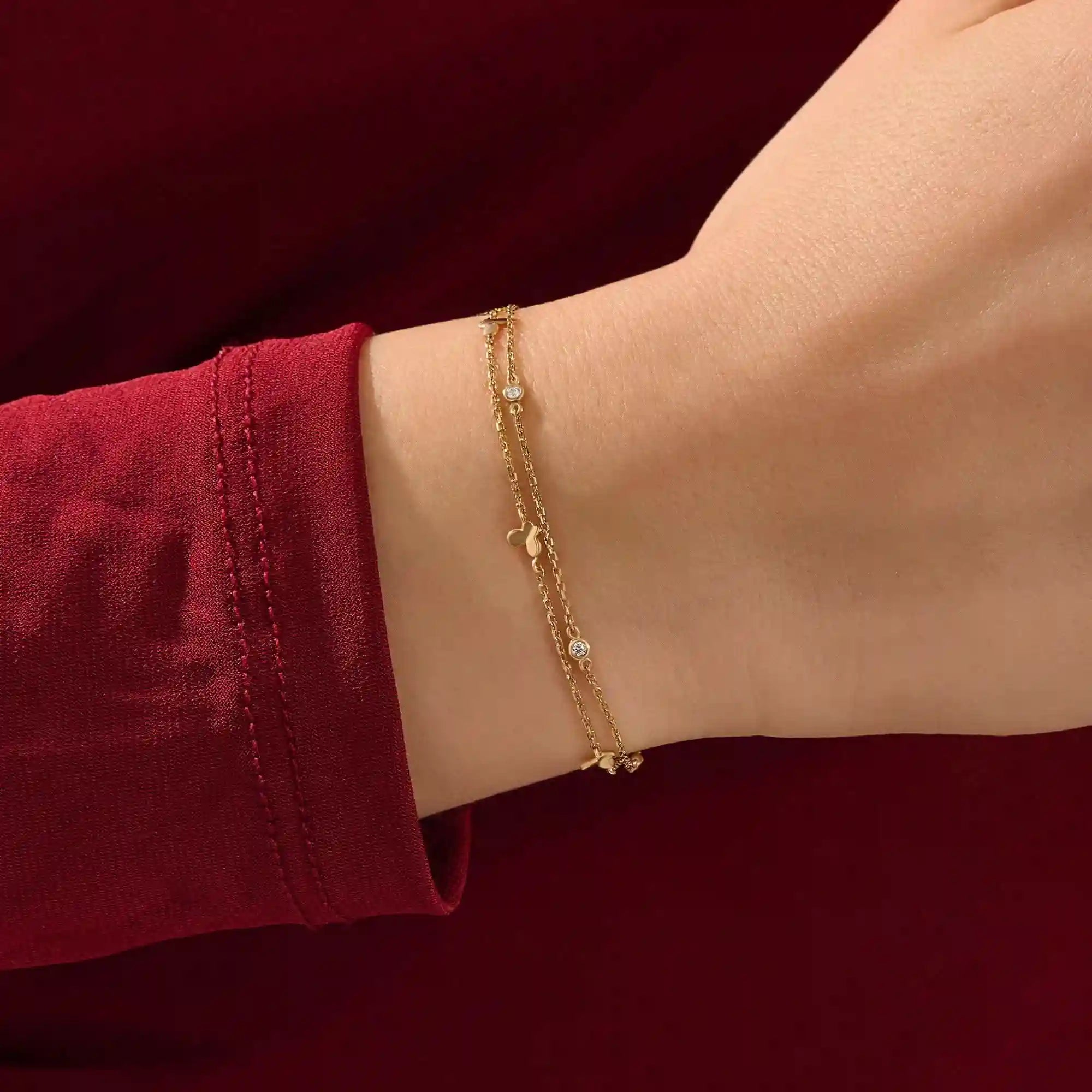 14k soid gold ultra thin double chain butterfly moissanite bracelet for women
