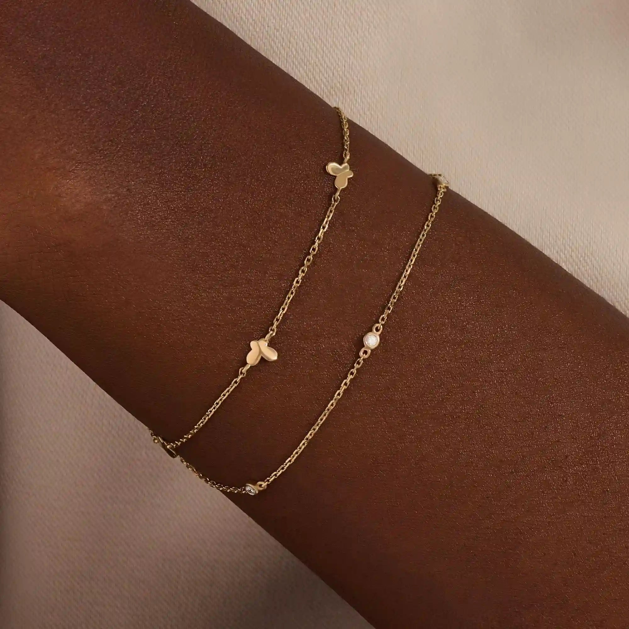 14k soid gold ultra thin double chain butterfly moissanite bracelet for women