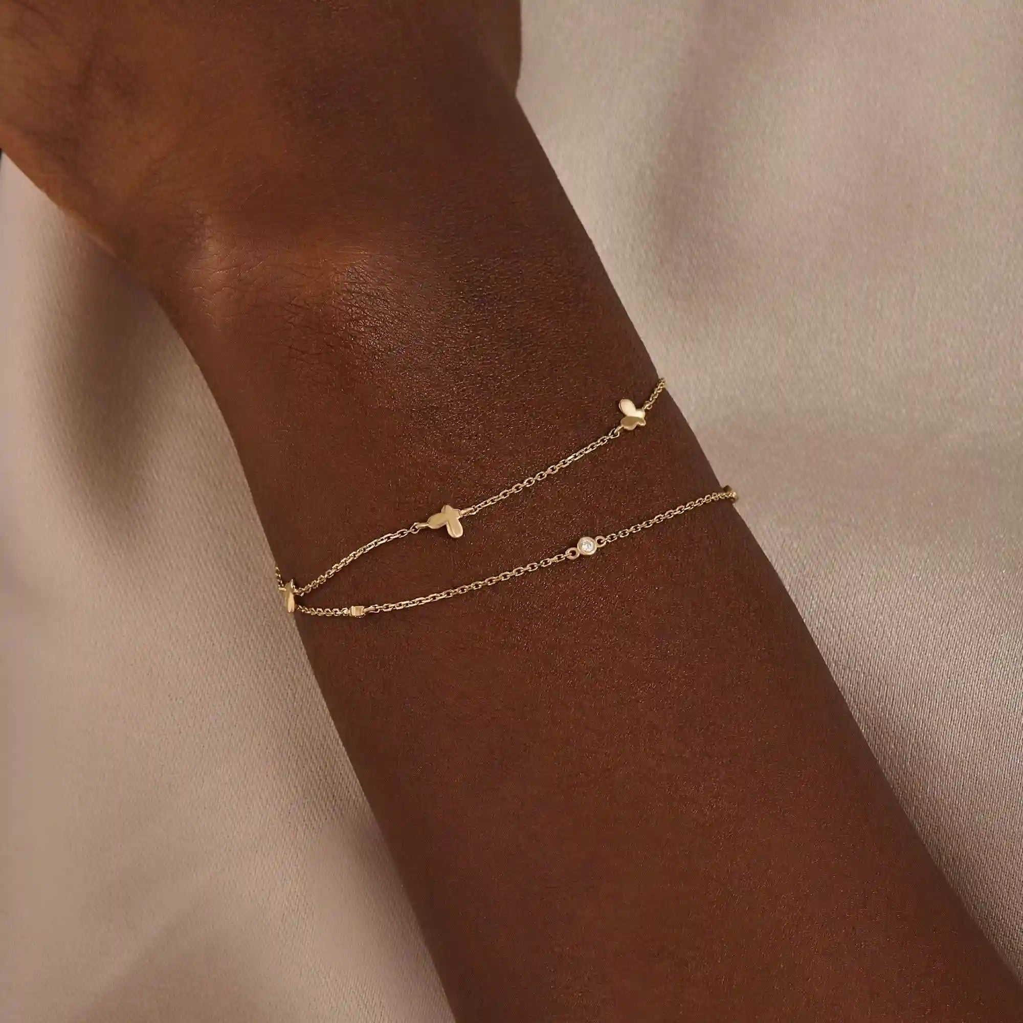 14k soid gold ultra thin double chain butterfly moissanite bracelet for women