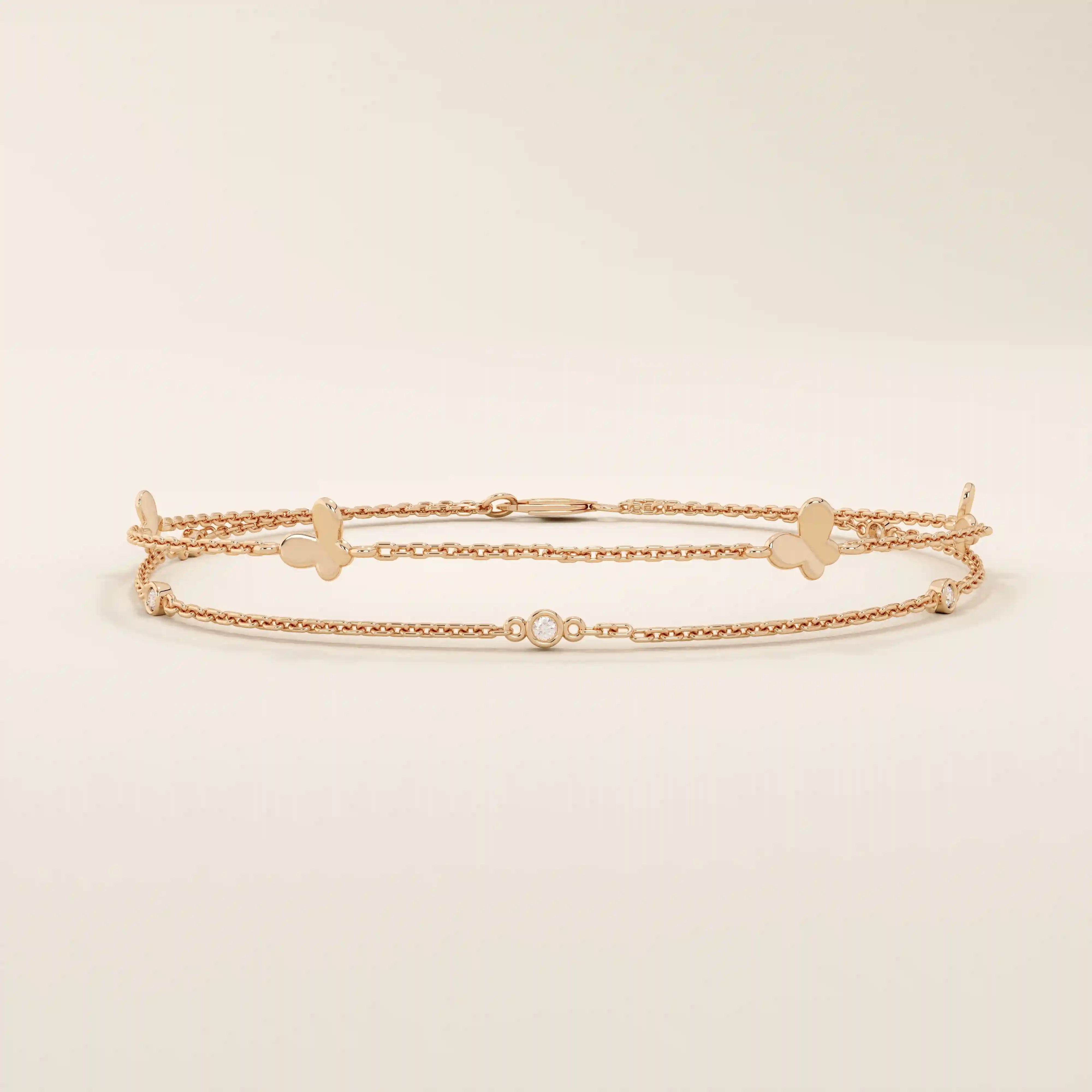 14k soid gold ultra thin double chain butterfly moissanite bracelet for women