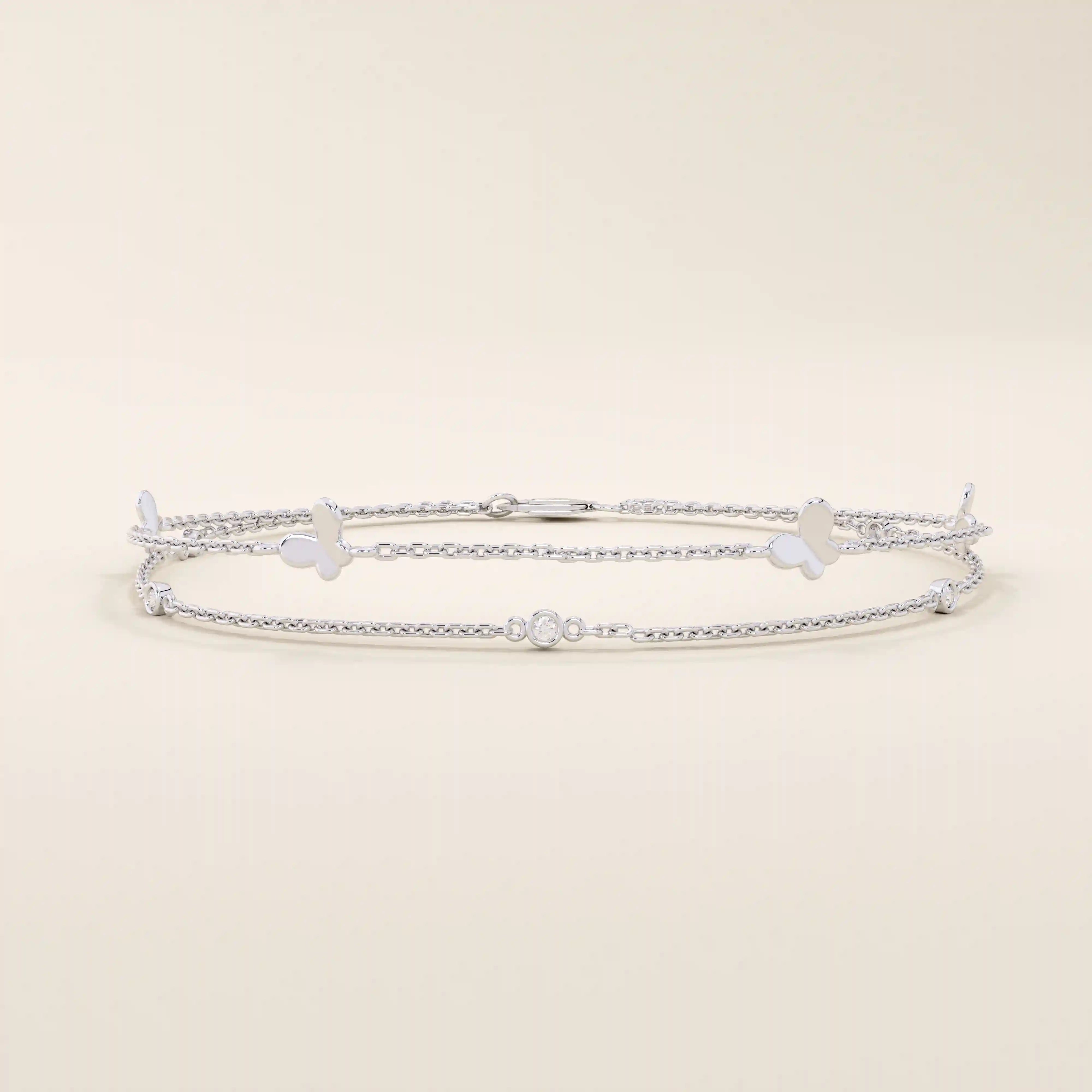 14k soid gold ultra thin double chain butterfly moissanite bracelet for women