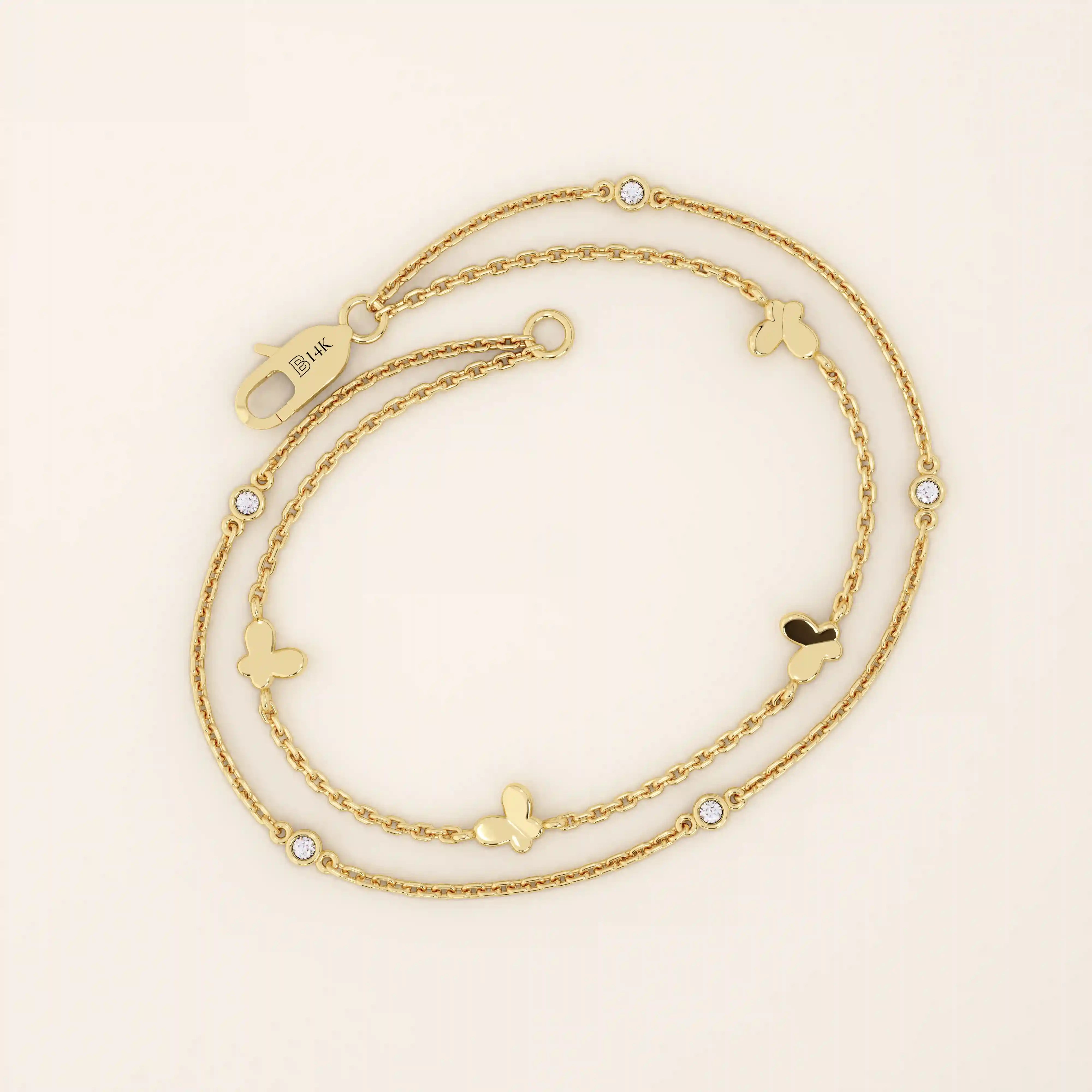 14k soid gold ultra thin double chain butterfly moissanite bracelet for women